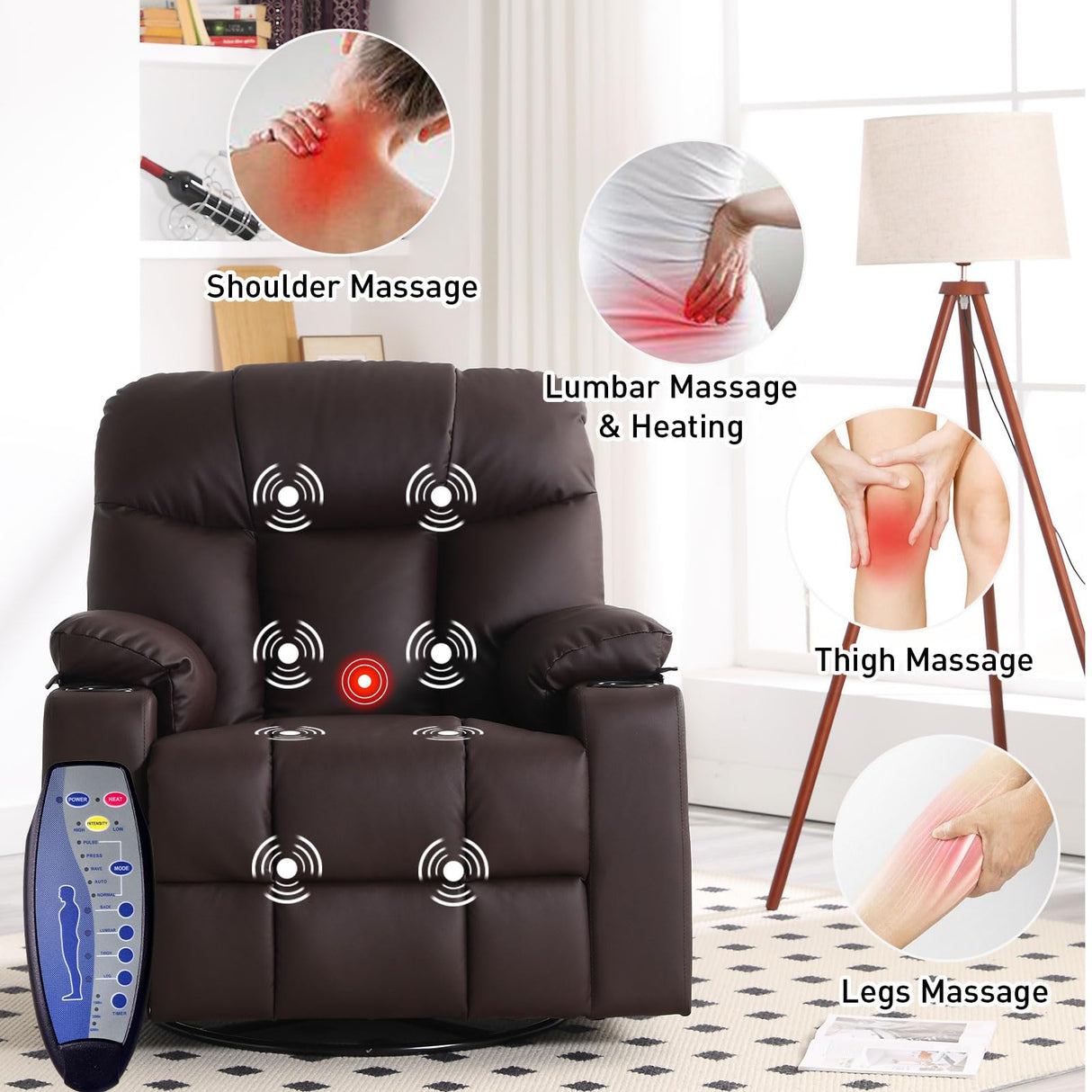 Bonzy Home Swivel Rocker Recliner with Heating and Massage, 40" Manual Rocker Recliner Chair, PU Leather Single Sofa with 2 Cup Holders for Living Room Bedroom, Brown Bonzy Home