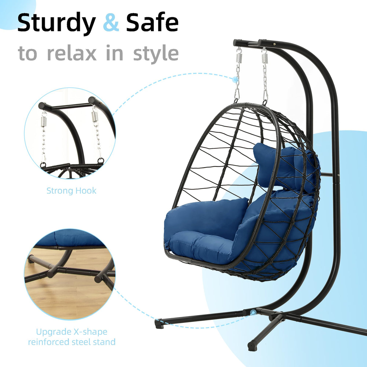 Double Egg Chair wth Stand Hammock Swing Chair Foldable Hanging Loveseat, UV Resistant Removable Cushions, 700LBS Capacity for Bedroom, Balcony, Garden(BK-BL) DoubleTT
