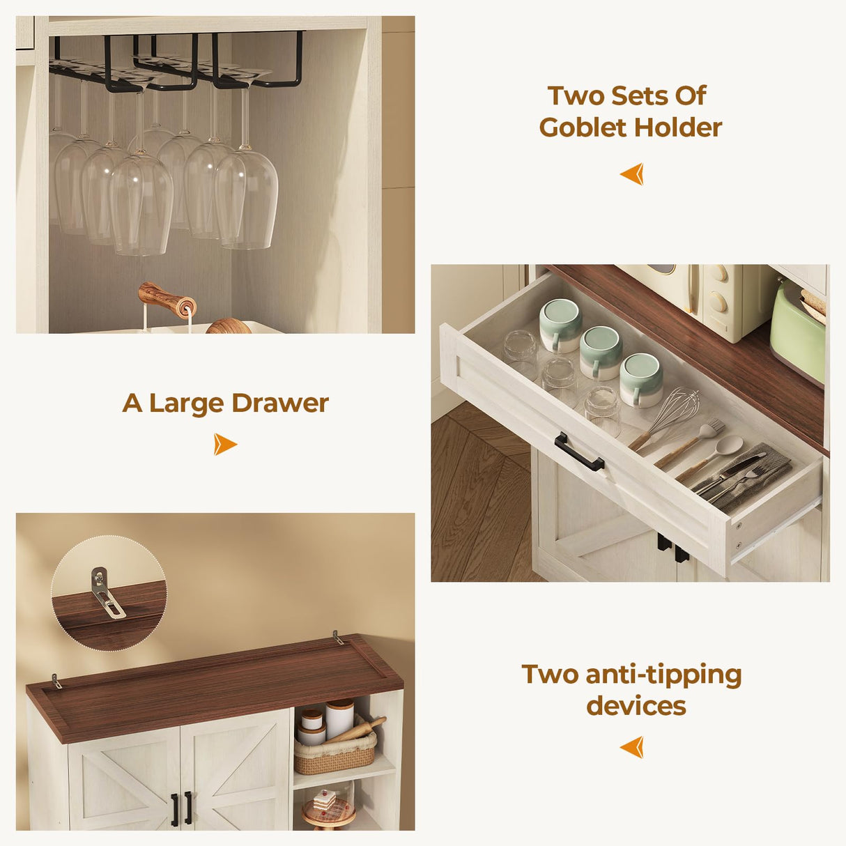 UPOSOJA Farmhouse Kitchen Pantry Storage Cabinet with Bar Cabinet Drawers & Shelves, Freestanding Hutch and Adjustable Shelves, Versatile Storage for Kitchen, Dining Room, Living Room, Off White UPOSOJA