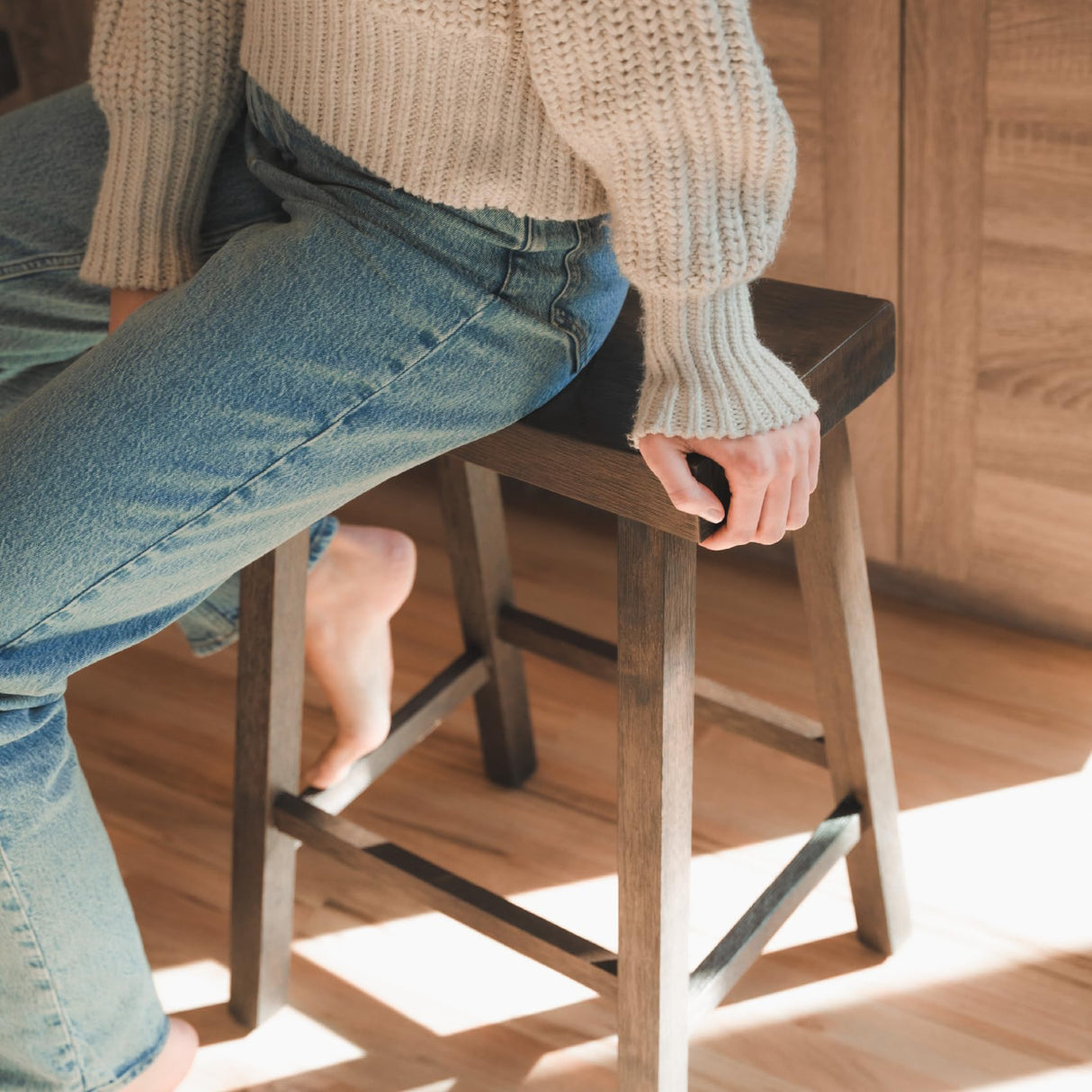 Maven Lane Vincent Counter Stool – 26 Inches – Rectangular Stool with Footrest – Brown Solid Wood – Space-Saving Design for Kitchen Counters & Islands Maven Lane
