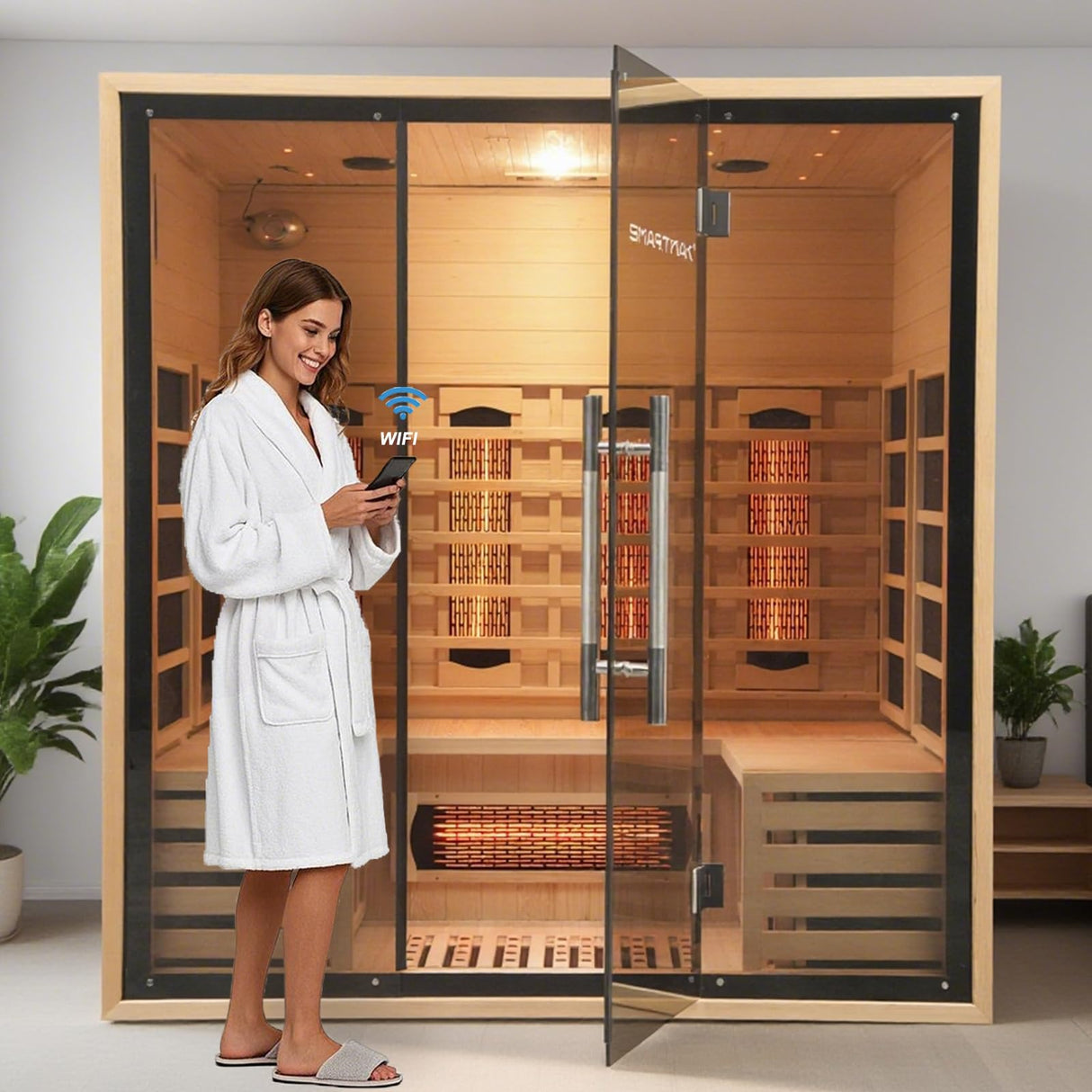 Full Spectrum Infrared Sauna for 4 Person, Indoor Canadian Hemlock Wood Home Spa Saunas with Upgraded WiFi Control, Low EMF, Speaker, Oxygen bar, Reading & 7-Color Starry Light, 2700W, 220V Smartmak