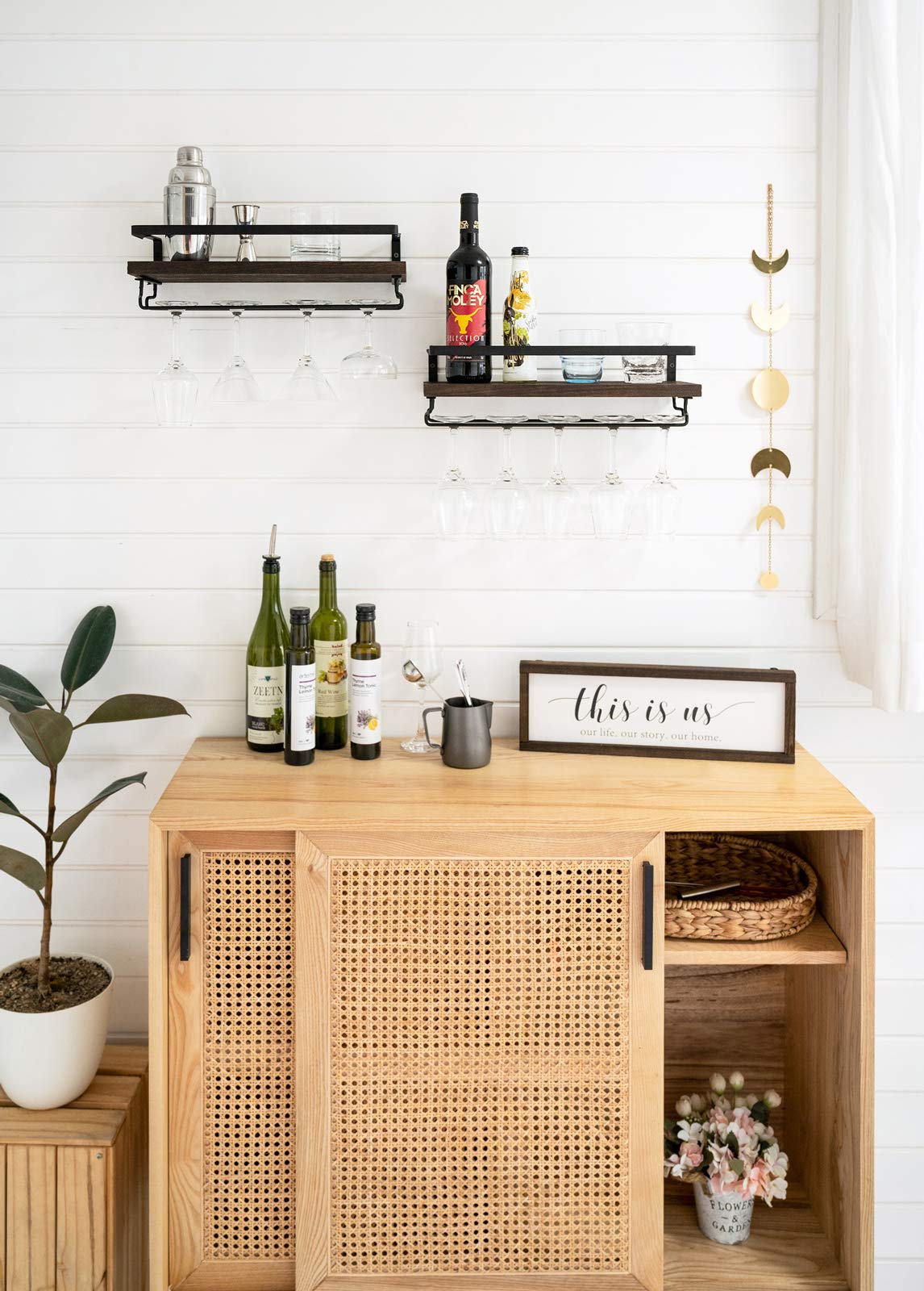 Mkono Wall Mounted Wine Rack Set of 2 Wood Rustic Wine Bottle Glass Floating Shelves with Stemware Hanger Modern Plants Photos Wine Display Storage Holder for Kitchen Dining Room Bar, 17 Inch Mkono