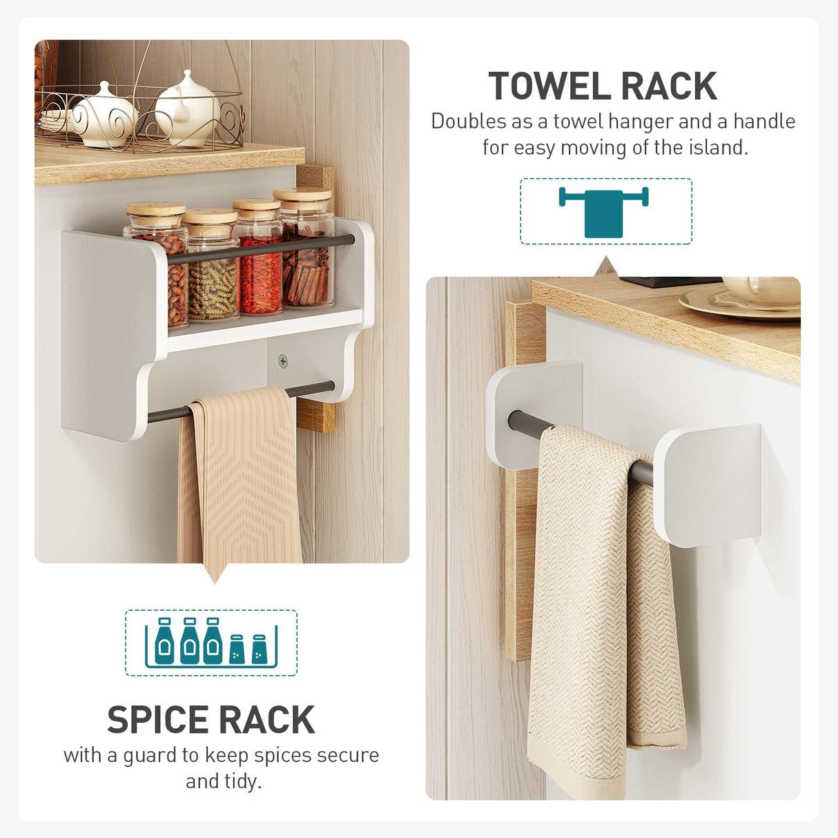 RALGEND Kitchen Island with Storage, Kitchen Cart with Charging Station, Rolling Kitchen Island Table with Drop-Leaf, 3 Drawers, Barn Doors, Towel Rack and Spice Rack, White and Natural RALGEND