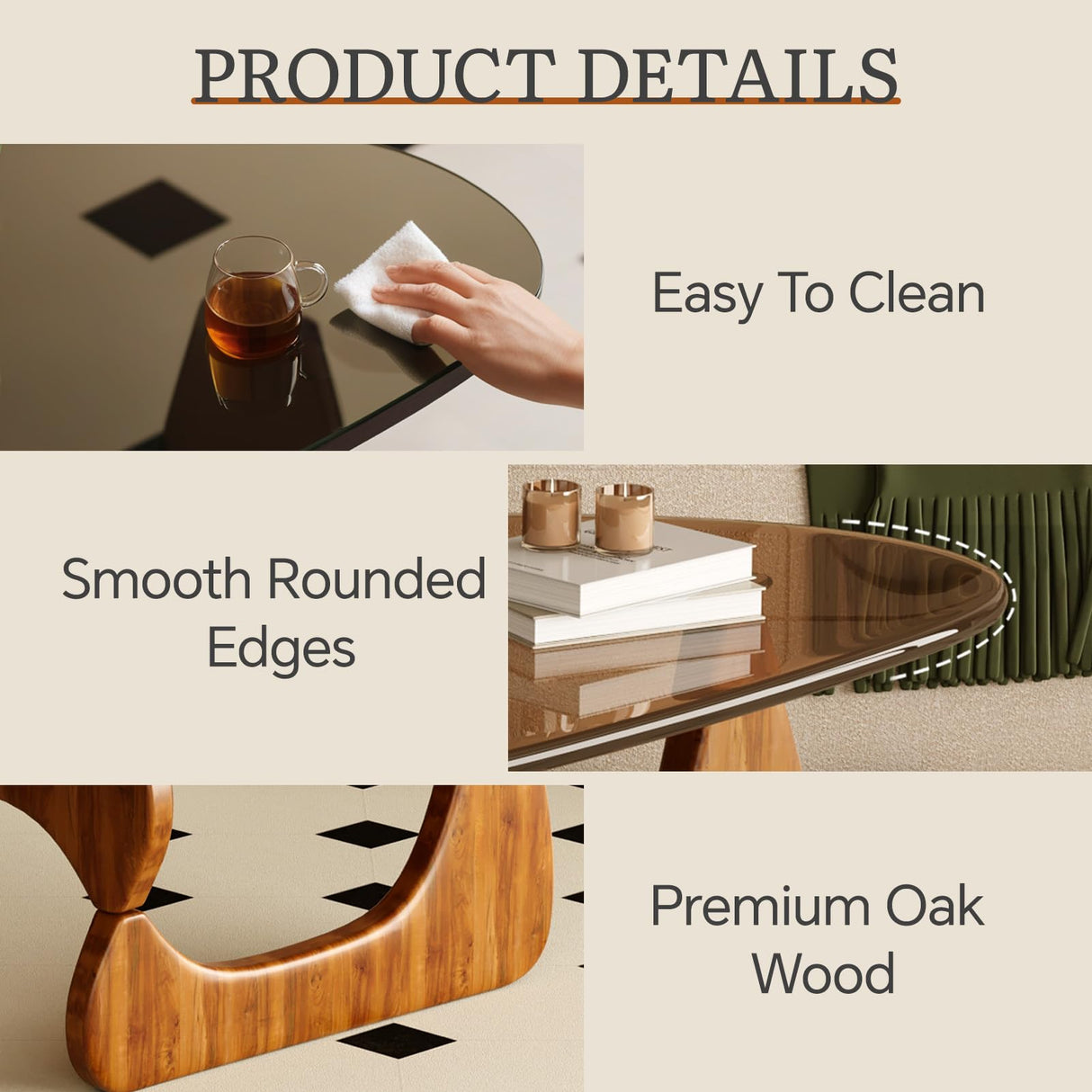 CAJCA Coffee Table for Living Room Mid Century Modern Center Table with Glass Top and Wood, Brown/Walnut