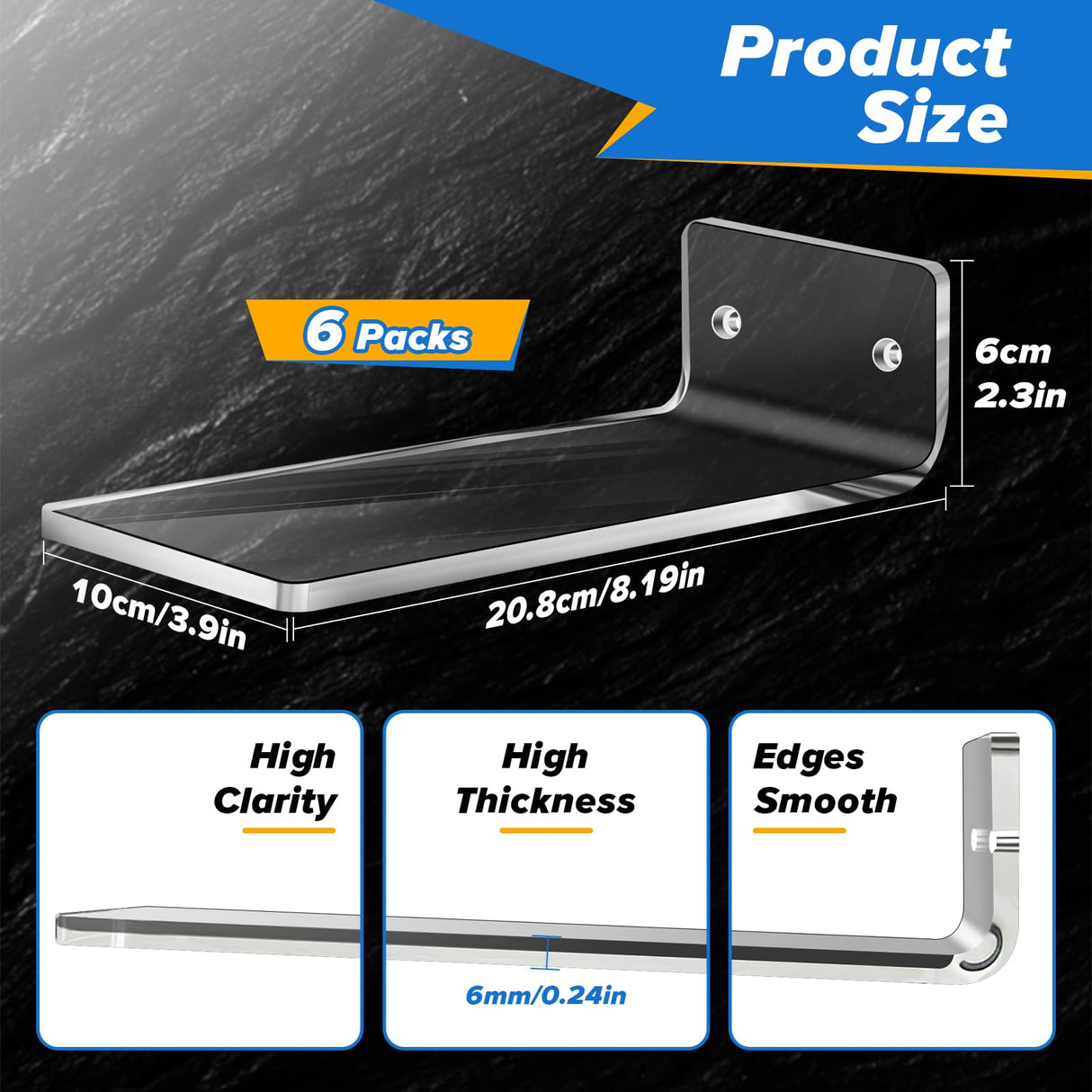 DTNESS 6Pcs Floating Shoe Display Shelf with LEDs, 8 x 3.9 Inch Clear Acrylic Wall Mounted Sneaker Rack, Glowing Levitating Shelves with 15 Screw Kits for Bedroom Gaming Room Shoe Store DTNESS