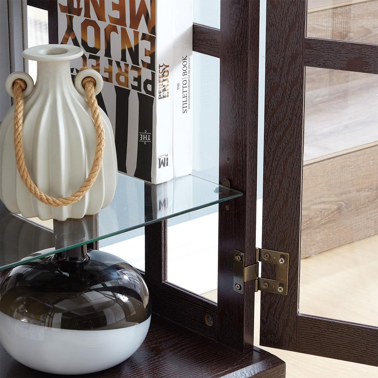 YiaFurio Antique Display Cabinet with Glass Doors & Lights & Adjustable Shelves,Corner Curio Cabinet with Wood Frame for Kitchen,Living Room,Office Light Bulb Include YiaFurio