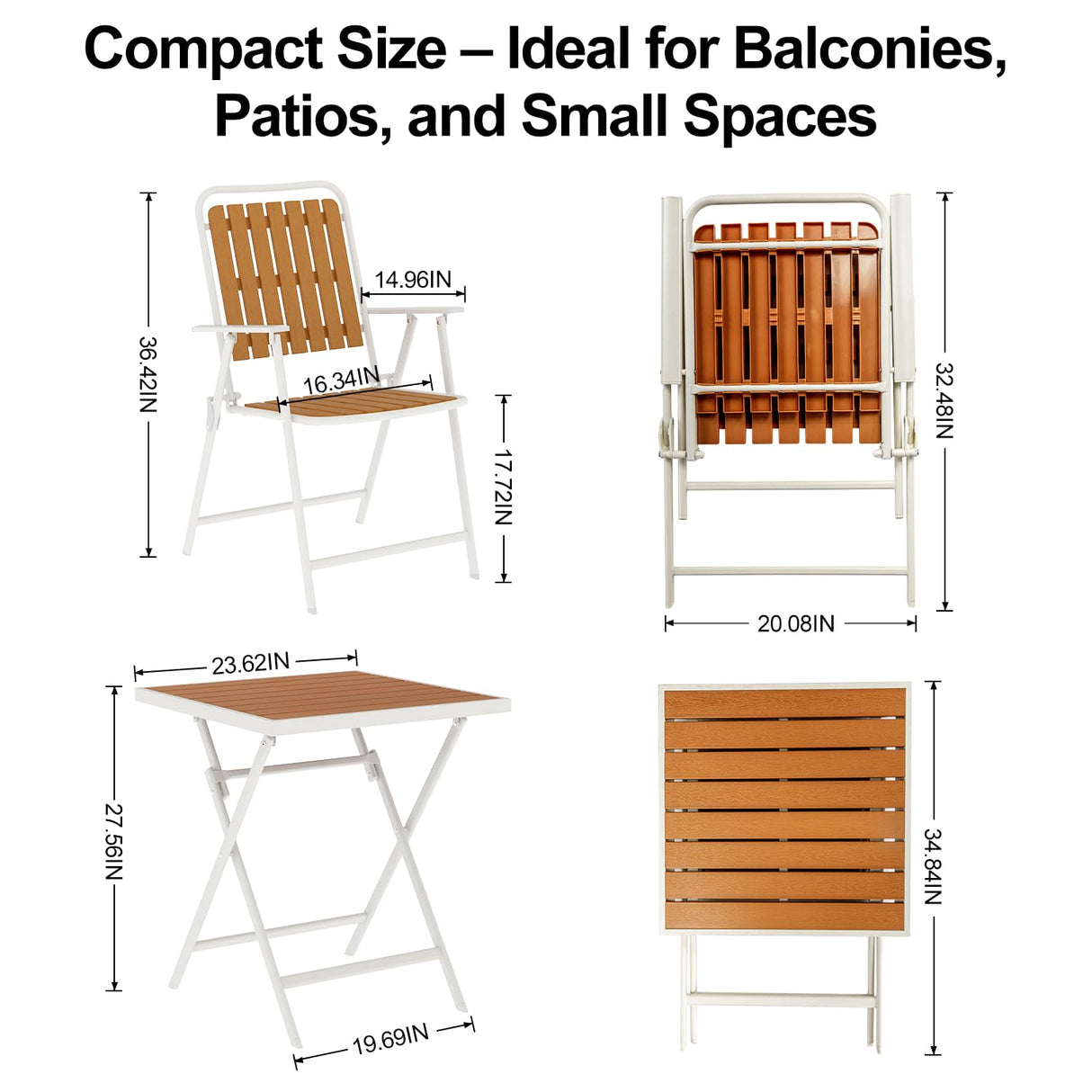 Aug-guan 3 Piece Outdoor Bistro Set with Yellow Wood-Look Tabletop, Patio Table and Chairs Set of 2, Folding Small Balcony Furniture for Garden, Deck, Porch, Outdoor Bistro Patio Set Aug-guan
