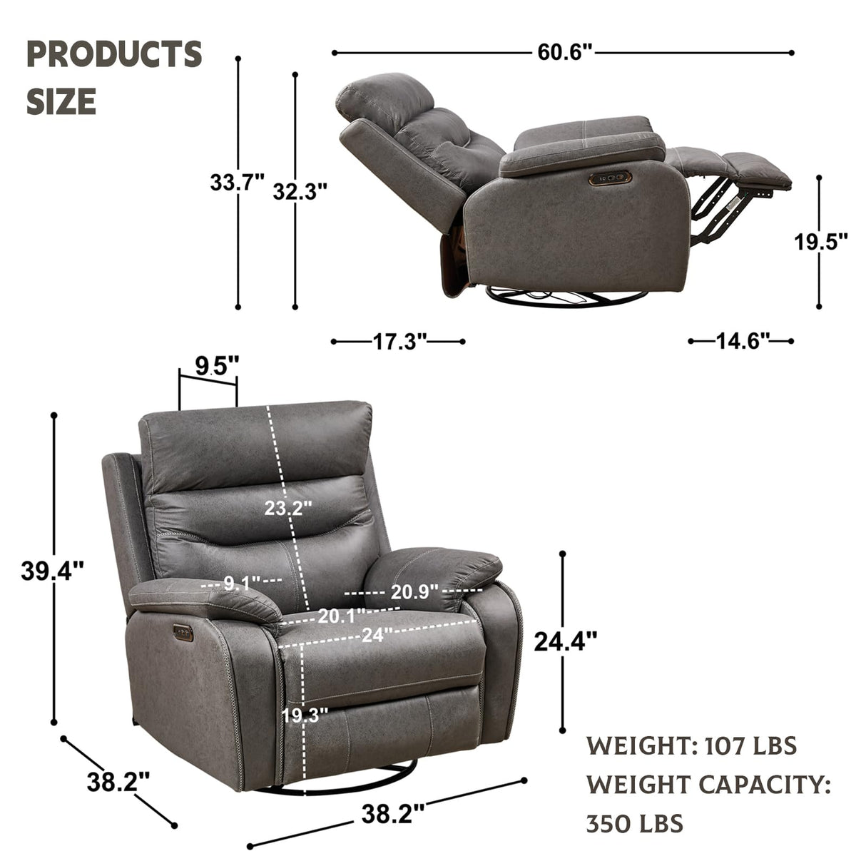 ROYALSON Dual OKIN Motor Power Recliner Chairs Swivel Rocker Recliner with One-Key Reset Button for Elderly Nursery Infinite Position, Power Headrest and USB Port,Faux Leather (Grey) ROYALSON