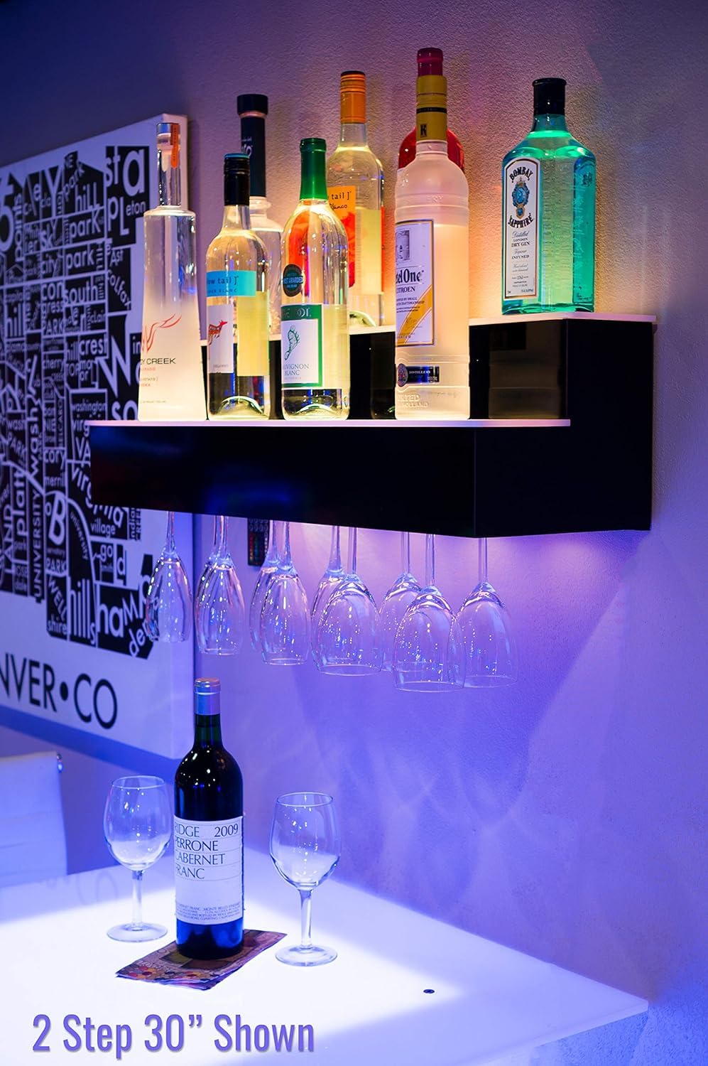 Customized Designs 48" 2 Tier Wall Mounted Liquor Display Bar Shelves w/Wine Glass Rack Customized Designs