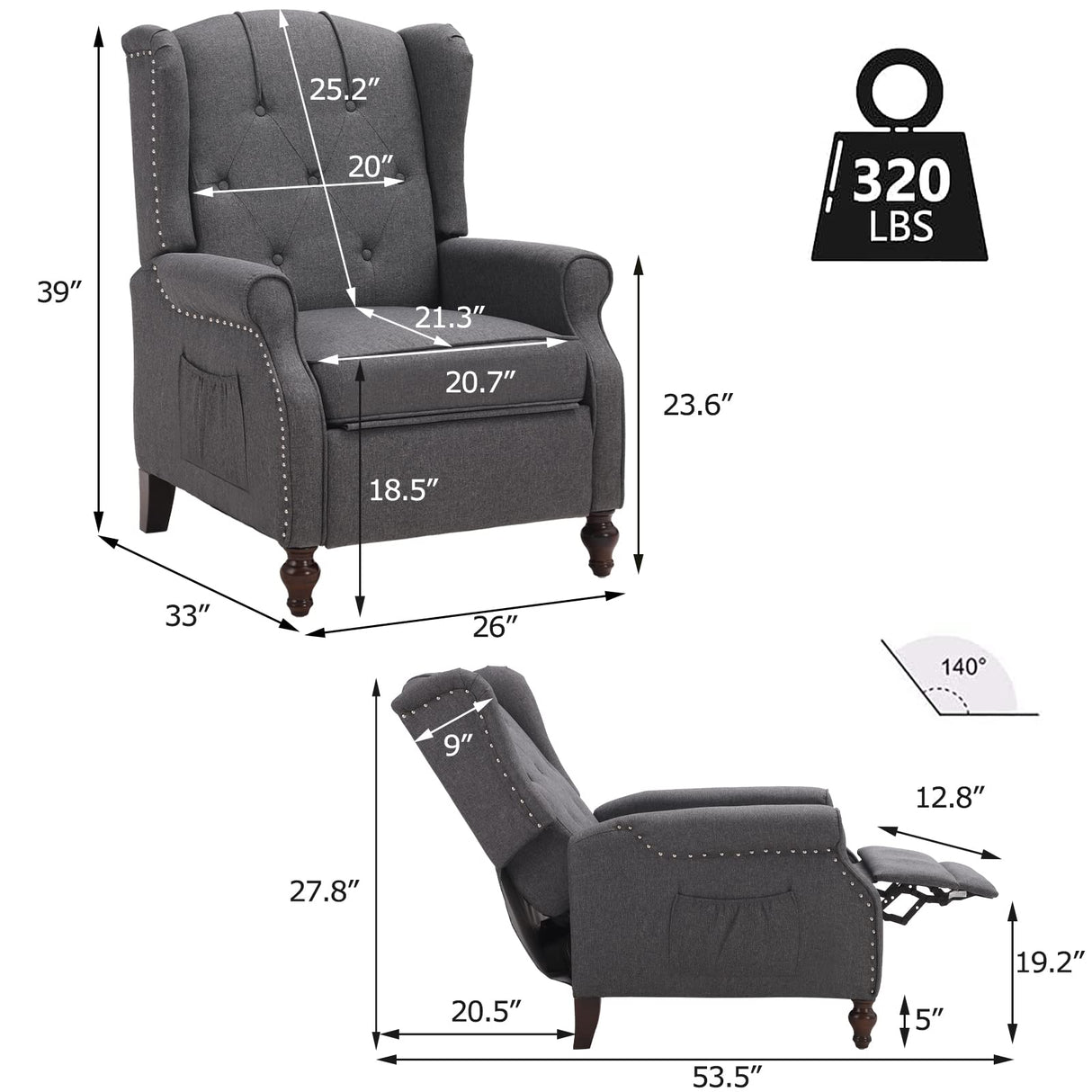 Consofa Wingback Recliner Chair with Massage and Heat, Wingback Recliner Tufted Fabric Push Back Recliner Chair for Living Room, Vintage Wingback Chair with Remote Control, Padded Cushion, Wooden Legs Consofa