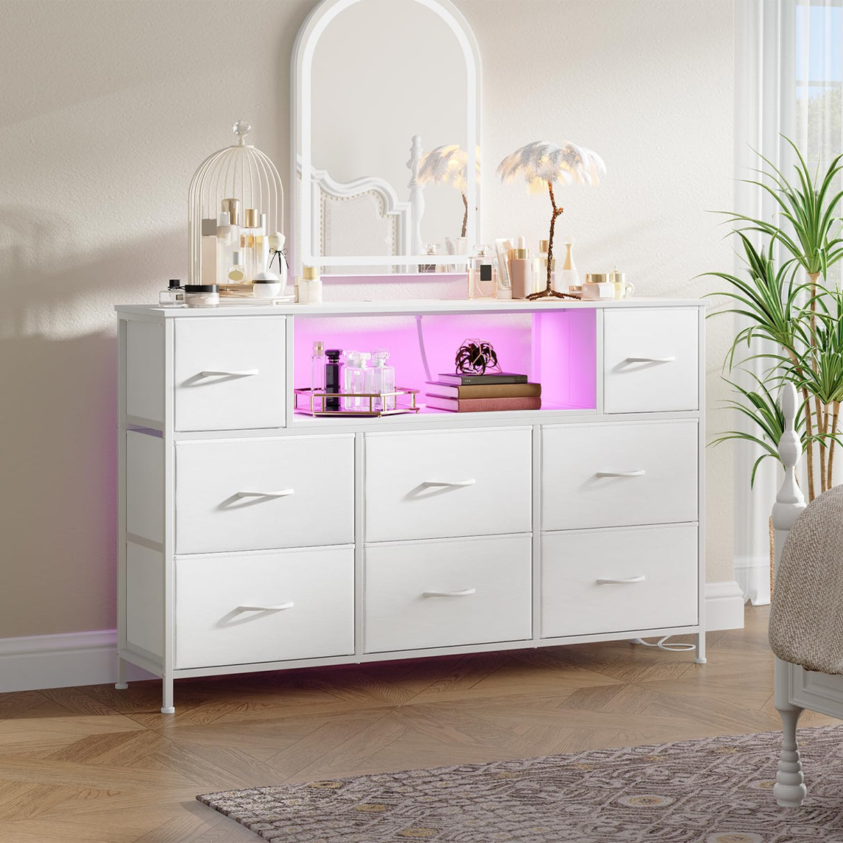 Somdot White TV Stand, Dresser for Bedroom for 55 inch TV with Charging Station and LED Lights, Media Console Table with 8 Drawers, Open Shelf, Adjustable Feet,Living Room Furniture Somdot