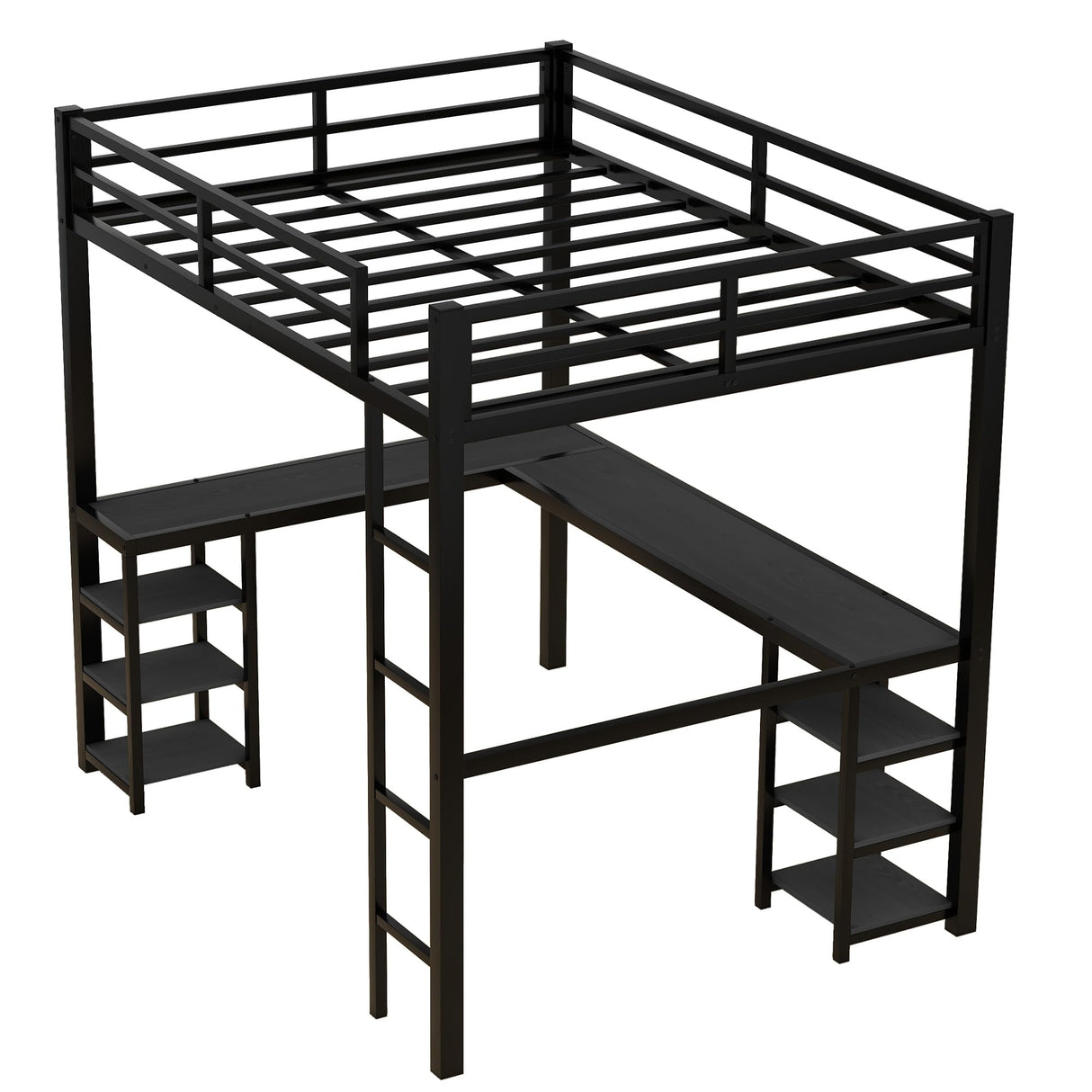 Full Size Loft Bed with Desk and Storage Shelves, Heavy Duty Metal Loft Bed with Black Desk and Guardrail, Full Size Loft Bed for Kids, Teens(Full Black Desk) Bellemave