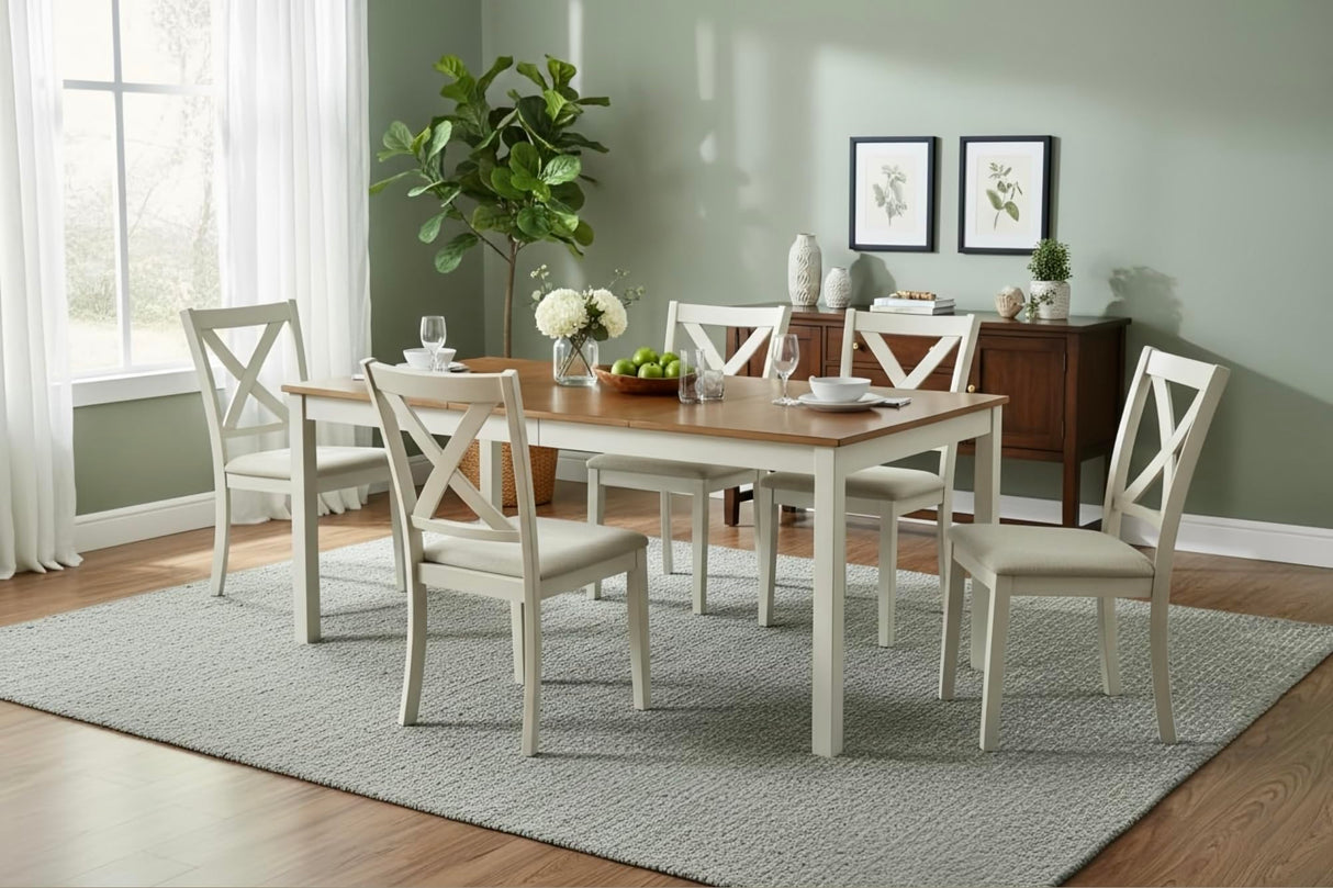 PLAUIN 7-Piece Farmhouse Dining Table Set with 6 Chairs - Solid Wood Kitchen Table Perfect for Small Space, Dining Room & Office, Rustic Cream PLAUIN