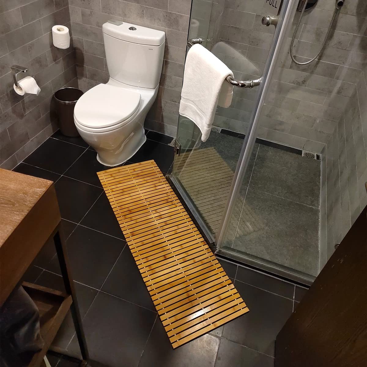 HJJKKH Bath Floor Mat,Floding Bamboo Wood Bath Mat,Bamboo Shower Mat,Roll-Up Bamboo Wood Bath Floor Mat,Foldable Teak Bath Mat for Bathtub,Shower,Sauna (15.7x47.2 inch) HJJKKH