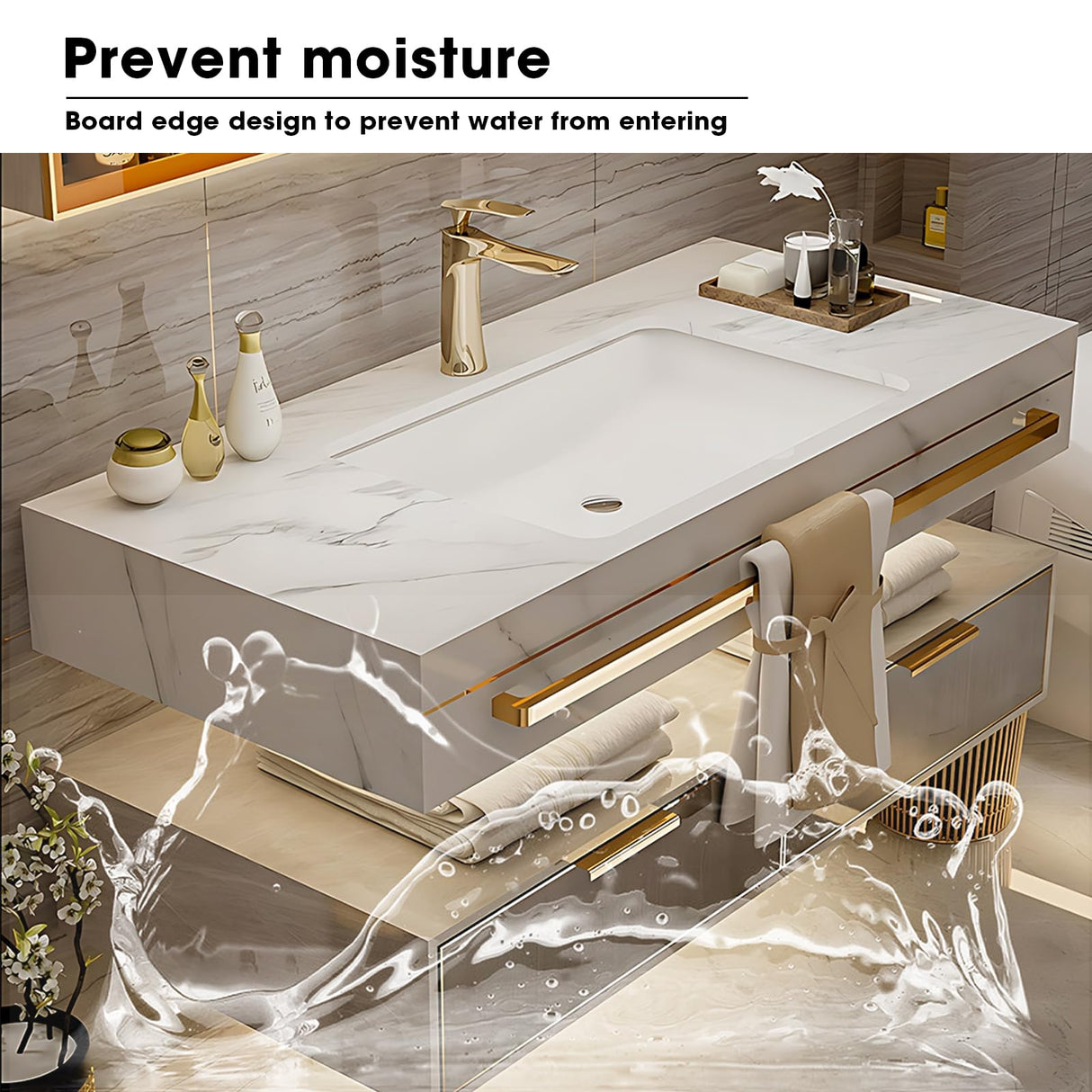 High QLO Bathroom Vanity - Double Floating Vanity Cabinet Sink and Glass Multilayer Solid Wood Modern & Bathroom Led Mirror (60IN) High QLO