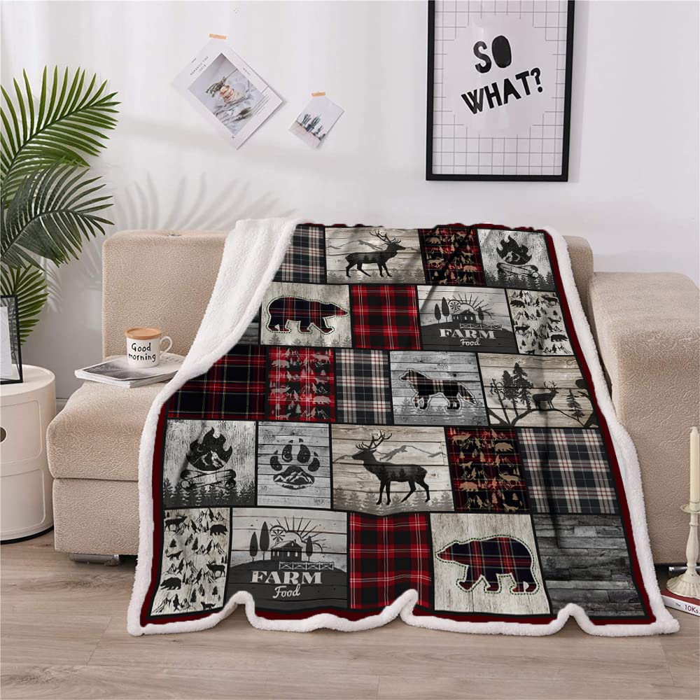 Belperan Wolf Bear and Deer Throw Blanket Rustic Cabin Decor Woodland Blanket Plaid Christmas Blanket Gifts for Women Southwestern Farmhouse Decor for Couch Bed Livingroom Belperan