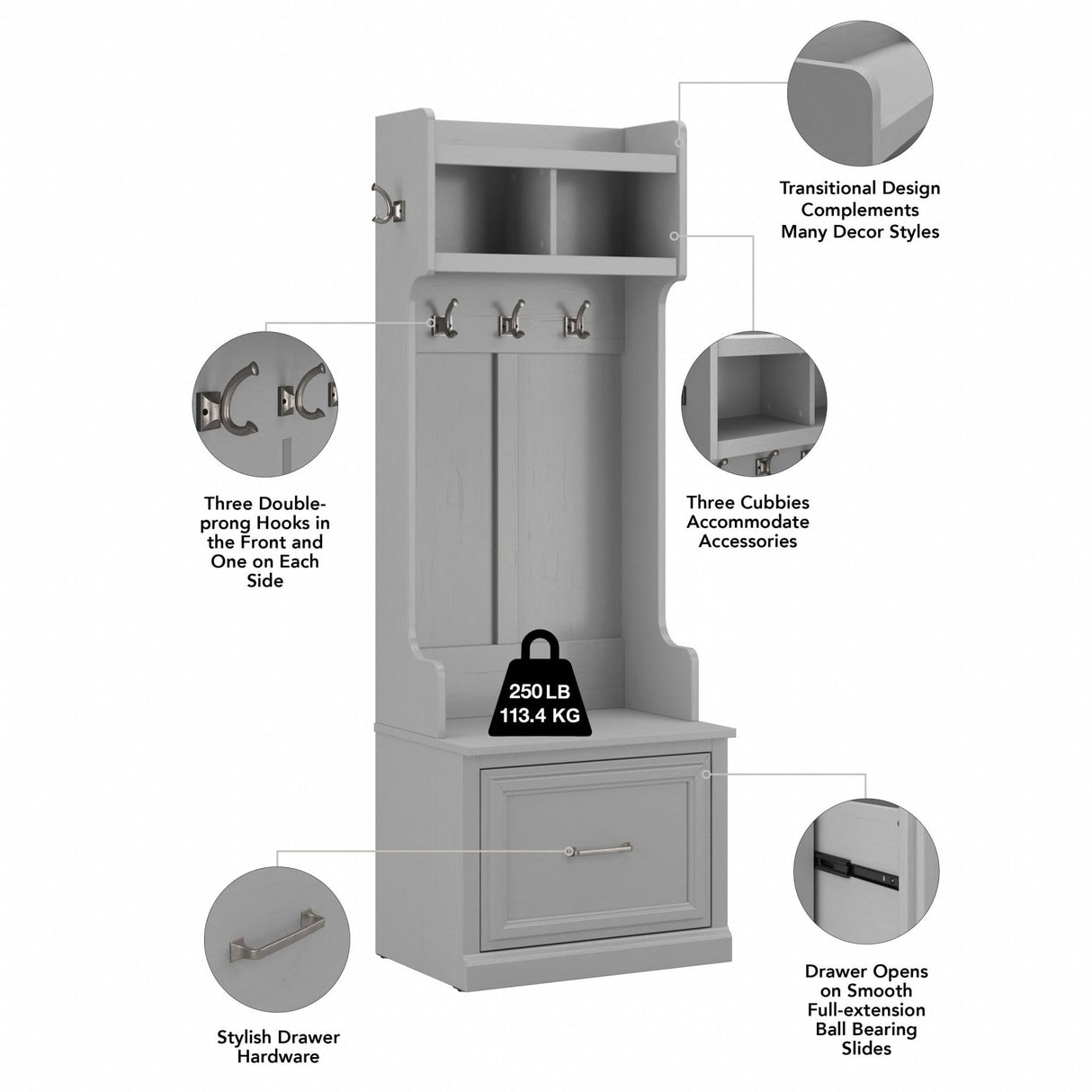 kathy ireland Home by Bush WDL007CG Woodland 69-Inch Coat Rack and Small Shoe Bench with Drawer and 2 Shelves, Cape Cod Gray Bush Business Furniture