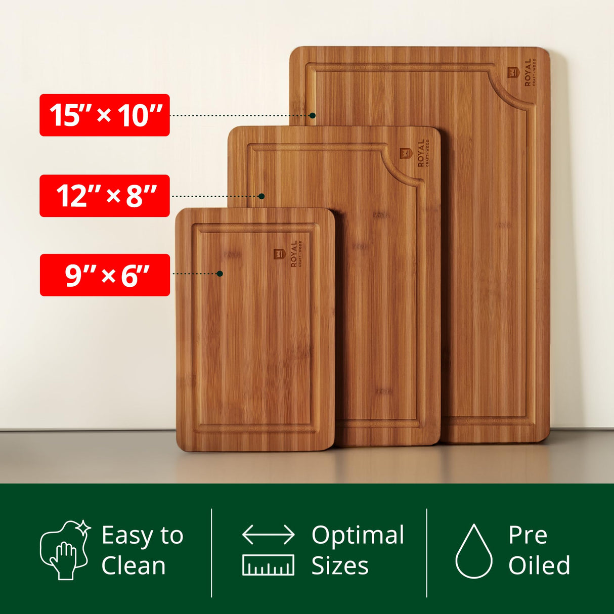 ROYAL CRAFT WOOD Wooden Cutting Boards for Kitchen Meal Prep & Serving - Bamboo Wood Serving Board Set with Deep Juice Groove Side Handles - Charcuterie & Chopping Butcher Block for Meat (3 Pcs) ROYAL CRAFT WOOD