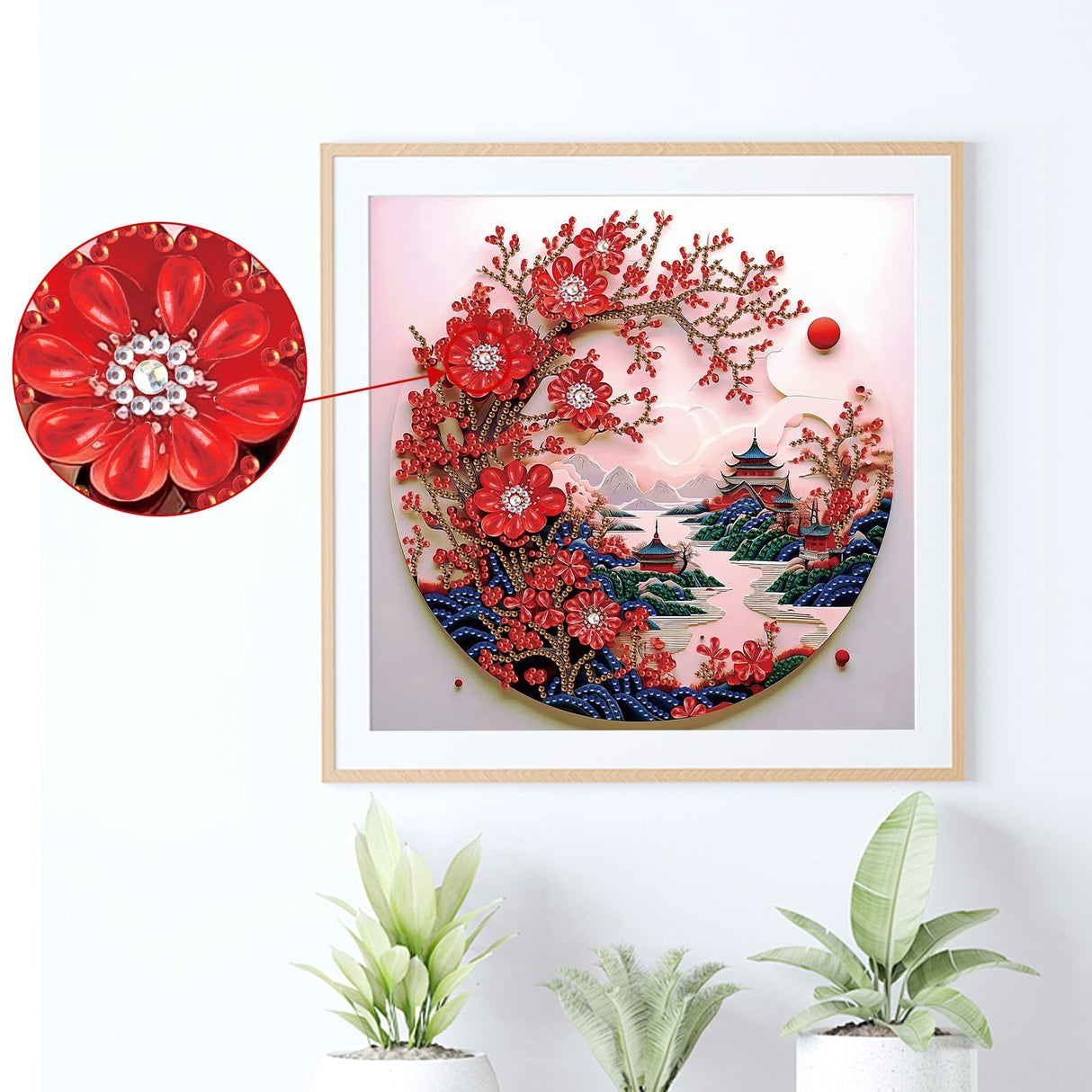 antor Special Shape Diamond Art Kit for Adults, 5D Diamond Painting Kits for Beginner, Crystal Rhinestone Landscape Painting with Red Plum Blossoms, DIY Diamond Painting for Home Wall Decor Gift antor