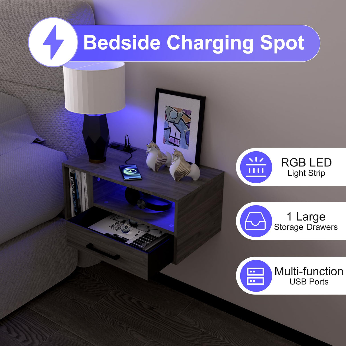 Homaterial Floating Nightstand with Charging Station and LED Lights, Floating Bedside Table with Drawers Wall Mounted Nightstands,for Bedroom Room, 21.3" x 11.8" x 10",Grayish Brown Homaterial