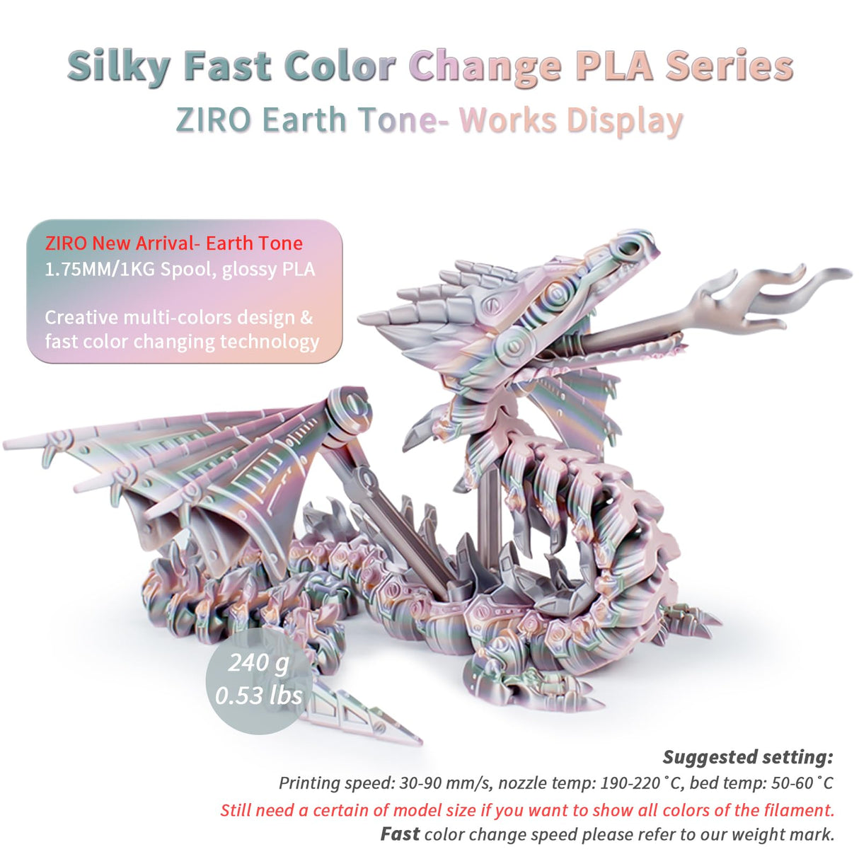 ZIRO 3D Printer Filament, Shiny PLA Fast Gradient Color Change, Glossy Color Change by Length PLA, Fit Most FDM 3D Printers, Dimensional Accuracy +/-0.03mm, 1KG/2.2lb Spool, Earth Tone(Silk) ZIRO