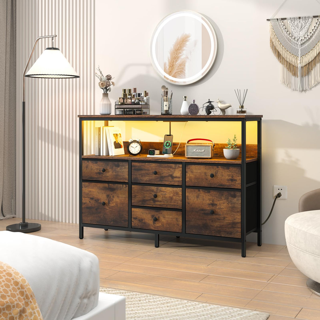 Yoobure TV Stand Dresser for Bedroom, 7 Fabric Drawers Entertainment Center, LED Dressers with Power Outlets, TV Stands for Living Room with Storage Shelf, TV Console Entertainment Stand up to 50" TV Yoobure