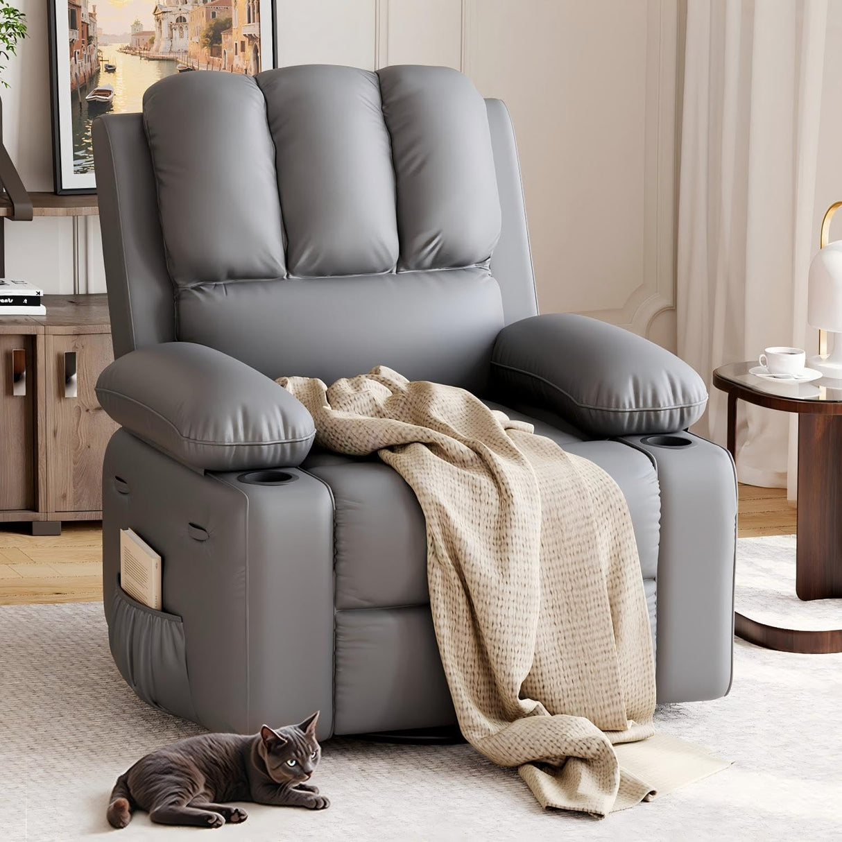 GarveeHome Recliner Chairs, Classic Manual Leather Recliner, Home Theater Seating with Lumbar & Arms Support for Living Room, Bedroom and Nursery - Gray GarveeHome