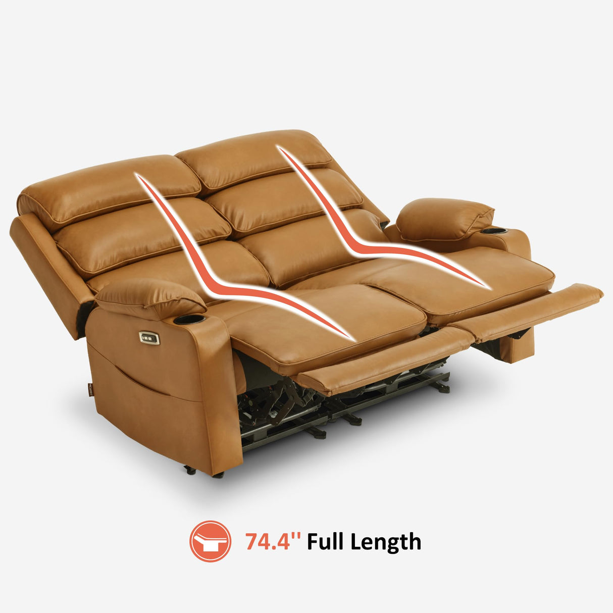 MCombo 63.4" Power Reclining Loveseat Sofa with Adjustable Headrest, Heat and Vibration, USB Type C Charge Ports Faux Leather for Living Room 6711 (Cognac Brown) MCombo