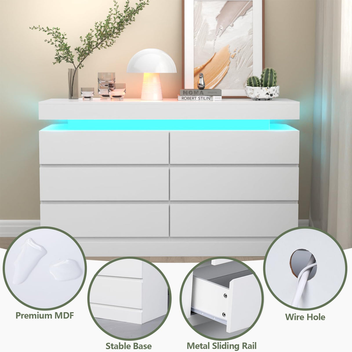 Gyfimoie 6 Drawer Dresser with Power Outlet, White Dresser with LED Light, Modern Chest of Drawers for Closet, Double Wide Drawer Organizer Cabinet for Bedroom, Living Room, Entryway, Hallway (White) Gyfimoie