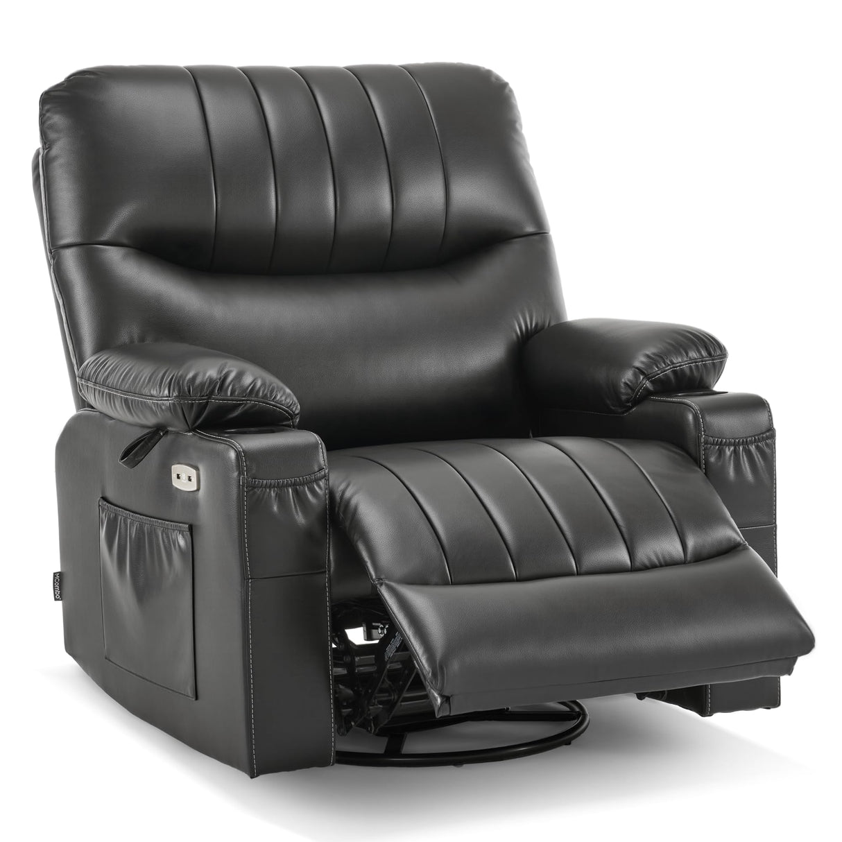 MCombo Oversized Swivel Glider Rocker Power Recliner Chair for Living Room with Heat and Vibration Massage, USB Ports, Cup Holders and Pockets, Faux Leather 7785 (Dark Grey) MCombo