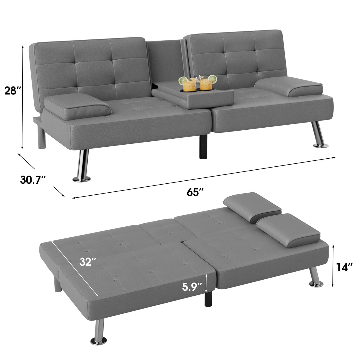 Flamaker Futon Sofa Bed Modern Folding Futon Set PU Leather Convertible Recliner Lounge for Living Room with 2 Cup Holders, Removable Armrests (PU Leather, Grey) Flamaker