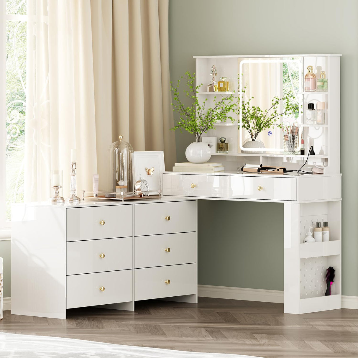 Ieejdn Makeup Vanity Desk with Mirror and Lights, Vanity Desk with 8 Drawers & Storage Shelves, Vanity Table with Power Outlet, 3 Color Modes & Adjustable Brightness Dressing Table, Bedroom,White Ieejdn