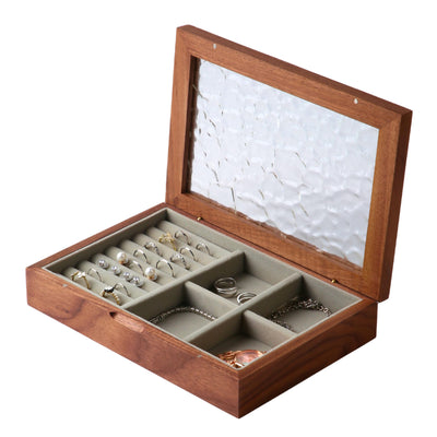 EURIELK Wooden Jewelry Box for Women, Medium Size Natural Solid Walnut Wood Girls Vintage Trinket Organizer with Large Storage, Ring Compartments, Built in Necklace Hooks, Glass Lid, ek06-m-walnut