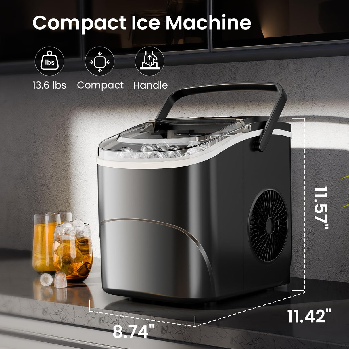 AGLUCKY Ice Makers Countertop with Handle,26.5Lbs/24H,9 Cubes in 6 Mins,2 Sizes of Bullet Ice,Portable Machine with Self-Cleaning,Perfect for Home Kitchen(Black) AGLUCKY