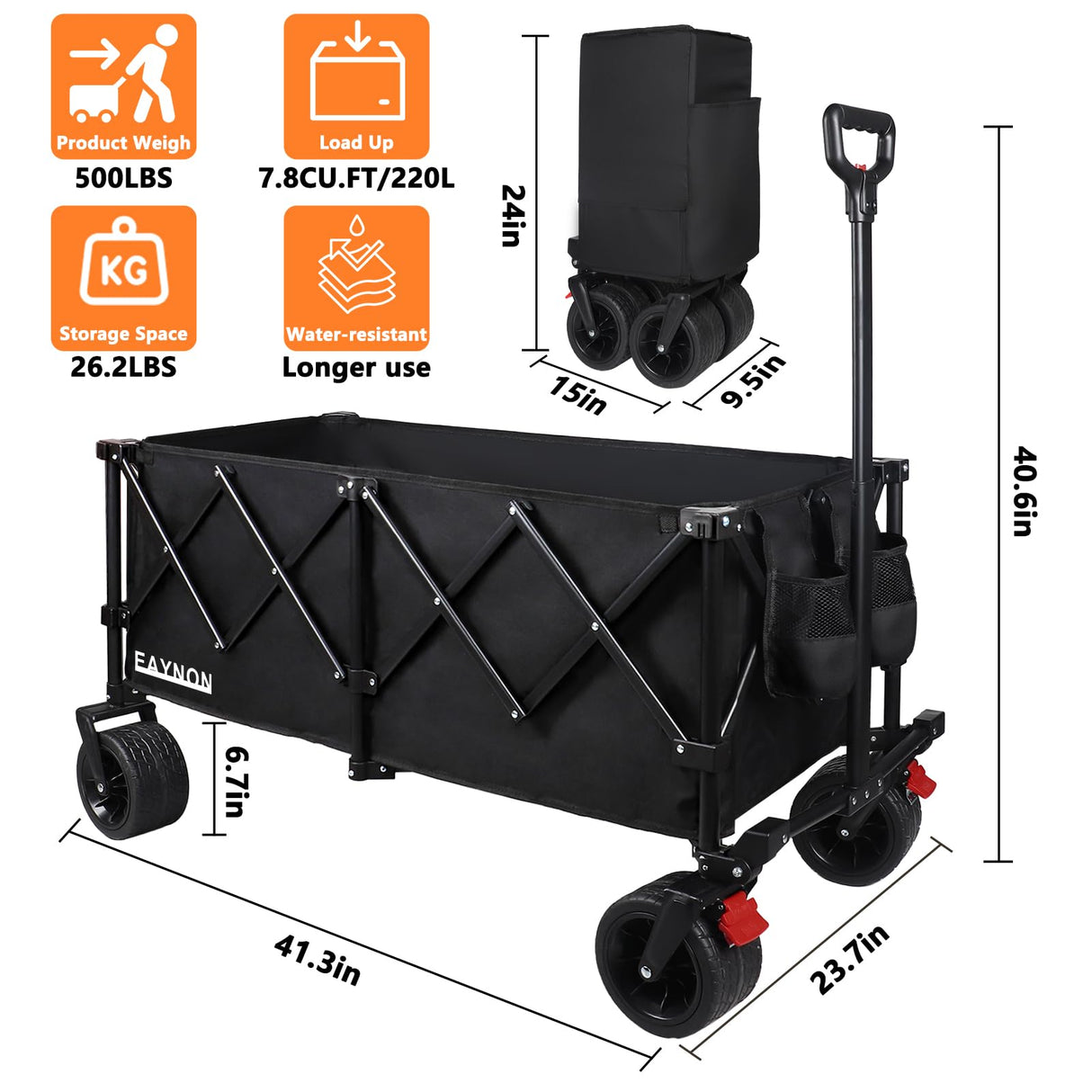 EAYNON 220L Collapsible Foldable Wagon with 500lbs Weight Capacity, Utility Wagon Cart Heavy Duty,with Big All-Terrain Beach Wheels & Drink Holders,for Camping, Garden, Sports, Beach, Shopping,Black EAYNON