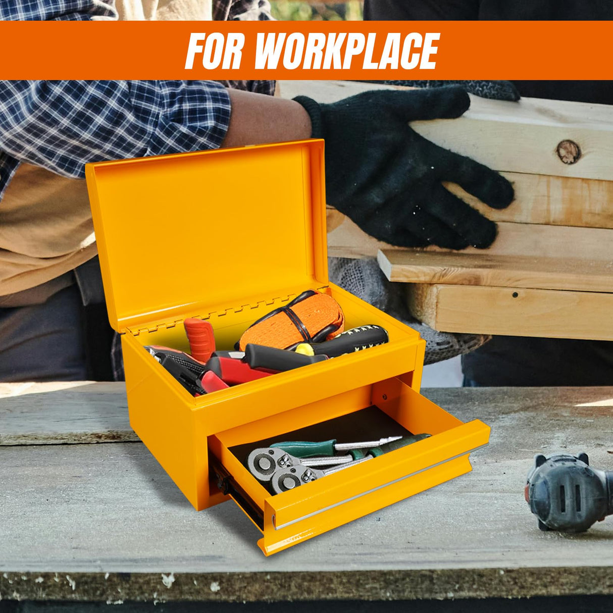 Torin APBT701YB 10" Mini Portable Steel Tool Box with Drawer for Home, Garage or Workbench, Yellow Torin