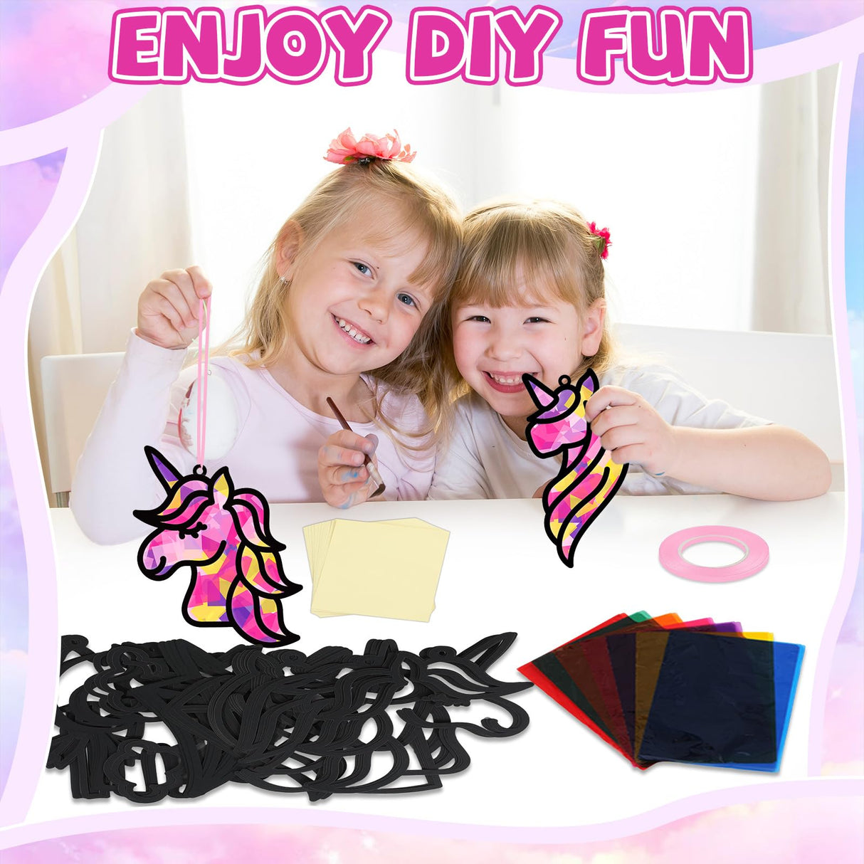 QOUBAI 32 Sets Unicorn Rainbow Suncatchers Craft Kit DIY Window Stained Glass Effect Diamond Star bow Paper Crafts Home School Classroom Decoration Kid Birthday Gift Creative Art Project Activity Game QOUBAI