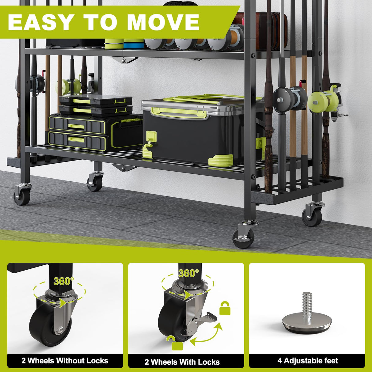 Fishing Rod Holders for Garage, Fishing Rod Stand with Wheels and Pegboard, 3-Tier Pole Storage Rack with 12 Rod Slots, Ideal for Tackle, Backpacks, and Gear Black SEEAHEAD