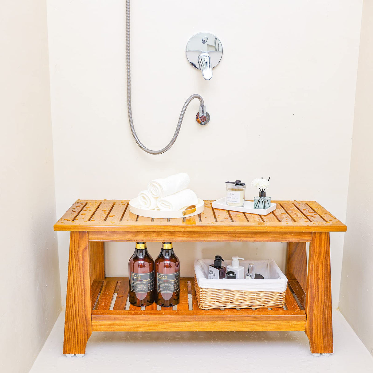 24" Teak Shower Bench With Shelf/Shower Benches For Inside Shower/Teak Shower Seat/Bathroom Bench/Teak Wood Benches For Showers/For Spa, Showers, Pools And Other Wet Environments,Patented Designs. NNN