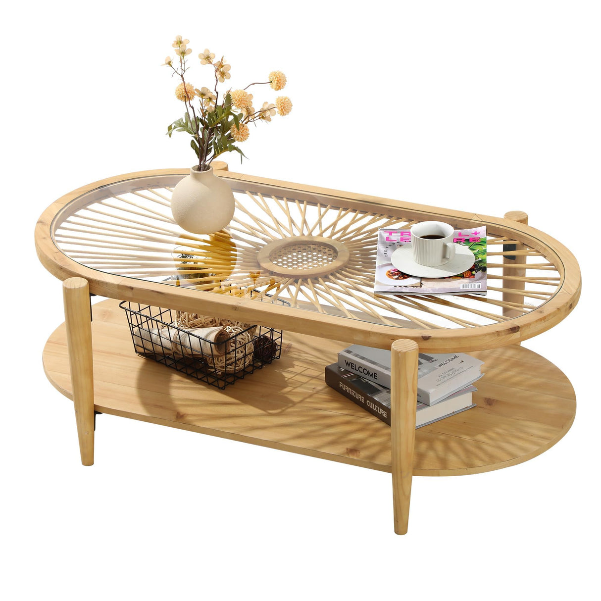 RUSTOWN Rattan Coffee Tables,2-Tier Oval Boho Cocktail Tables, Mid Century Modern Coffee Table with Rattan & Tempered Glass Top and Wood Legs, Sofa Table for Living Room(Natural) RUSTOWN