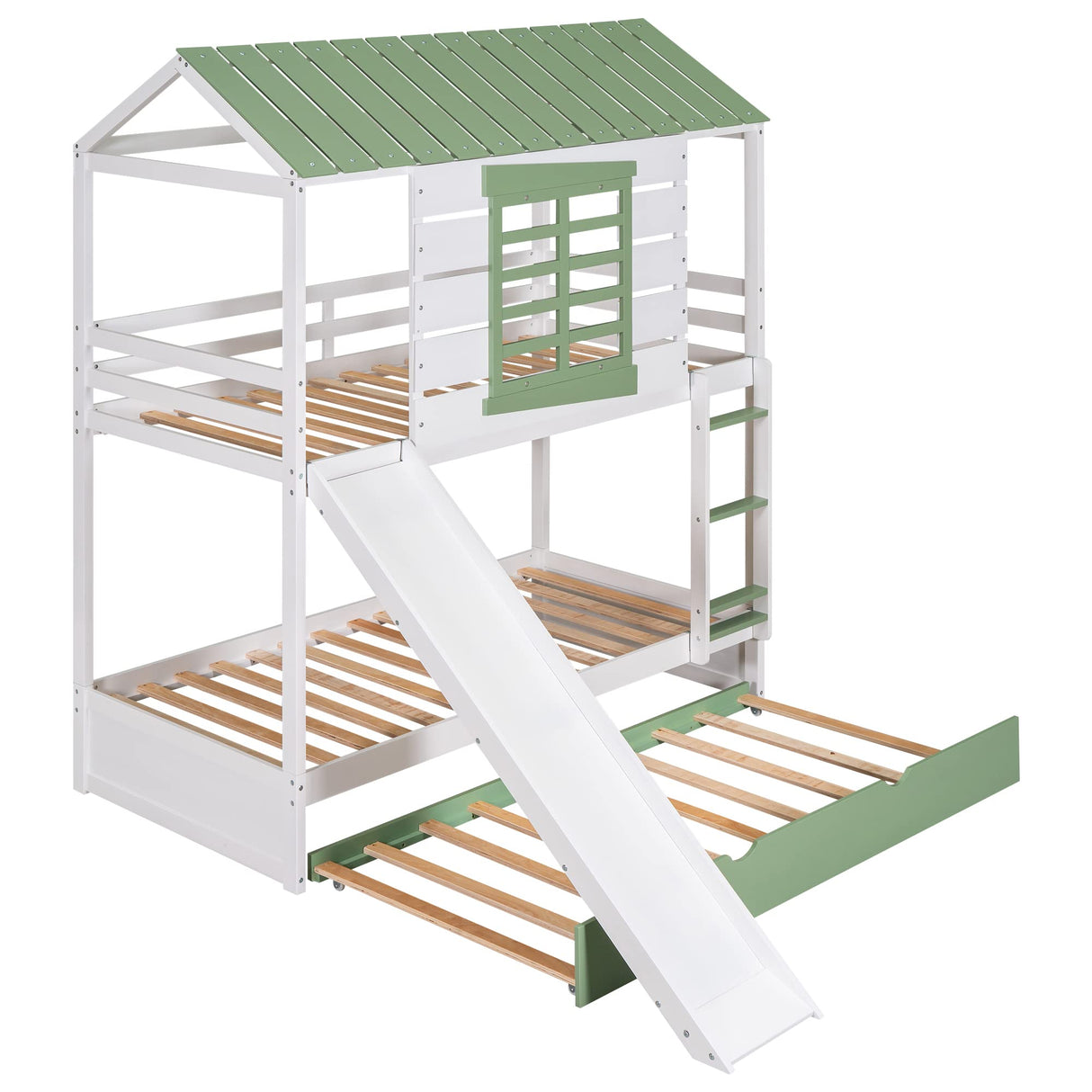 House Bunk Beds with Trundle and Slide, Twin Over Twin Bunk Bed with Roof and Windows, Kids Playhouse Bunk Beds for Girls & Boys, No Box Spring Needed (Triple Bunk Bed, White+Green) Harper & Bright Designs