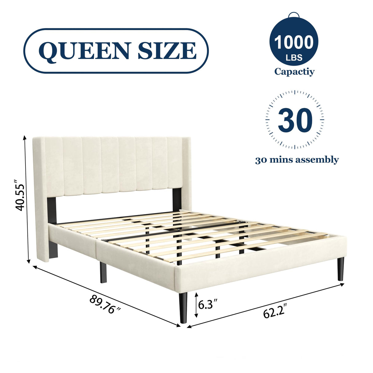 Sismplly Queen Bed Frame with Headboard,Bed Frame Queen Size Vertical Channel Tufted Wingback No Box Spring Needed, Mattress Foundation, Easy Assembly, Beige Sismplly