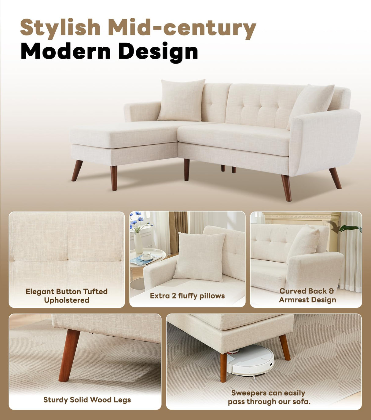 Tbfit L Shaped Couch Sofa, 80" W Mid-Century Modern Sectional Couches, 3 Seater Sofas with Wide Chaise Lounge & Two Pillows,Button Tufted Upholstered Sectional Sofa for Living Room, Bedroom, Beige Tbfit