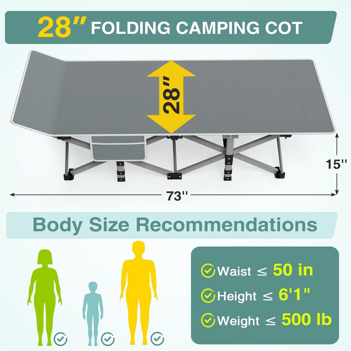 ZENPETIO Camping Cot for Adults, Heavy-Duty Portable Cot Bed with Mattress, Foldable Padded Sleeping Cots for Camping Travel Tent Day Bed Outdoor & Home Guest, Max Load 500 LBS, 75x28x15” ZENPETIO
