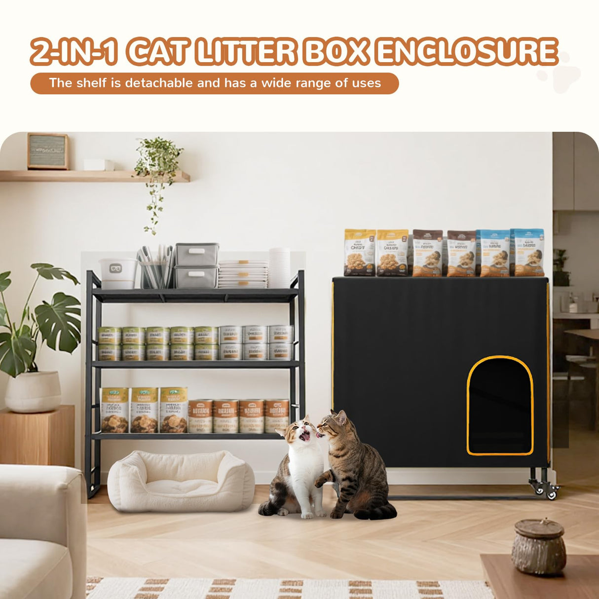Lekereise Cat Litter Box Enclosure, Large Hidden Litter Box Furniture with Removable Waterproof Cover, Kitty Litter Box Furniture with 3-Tier Adjustable Shelves Storage and Wheels (70.87”H, Black) Lekereise