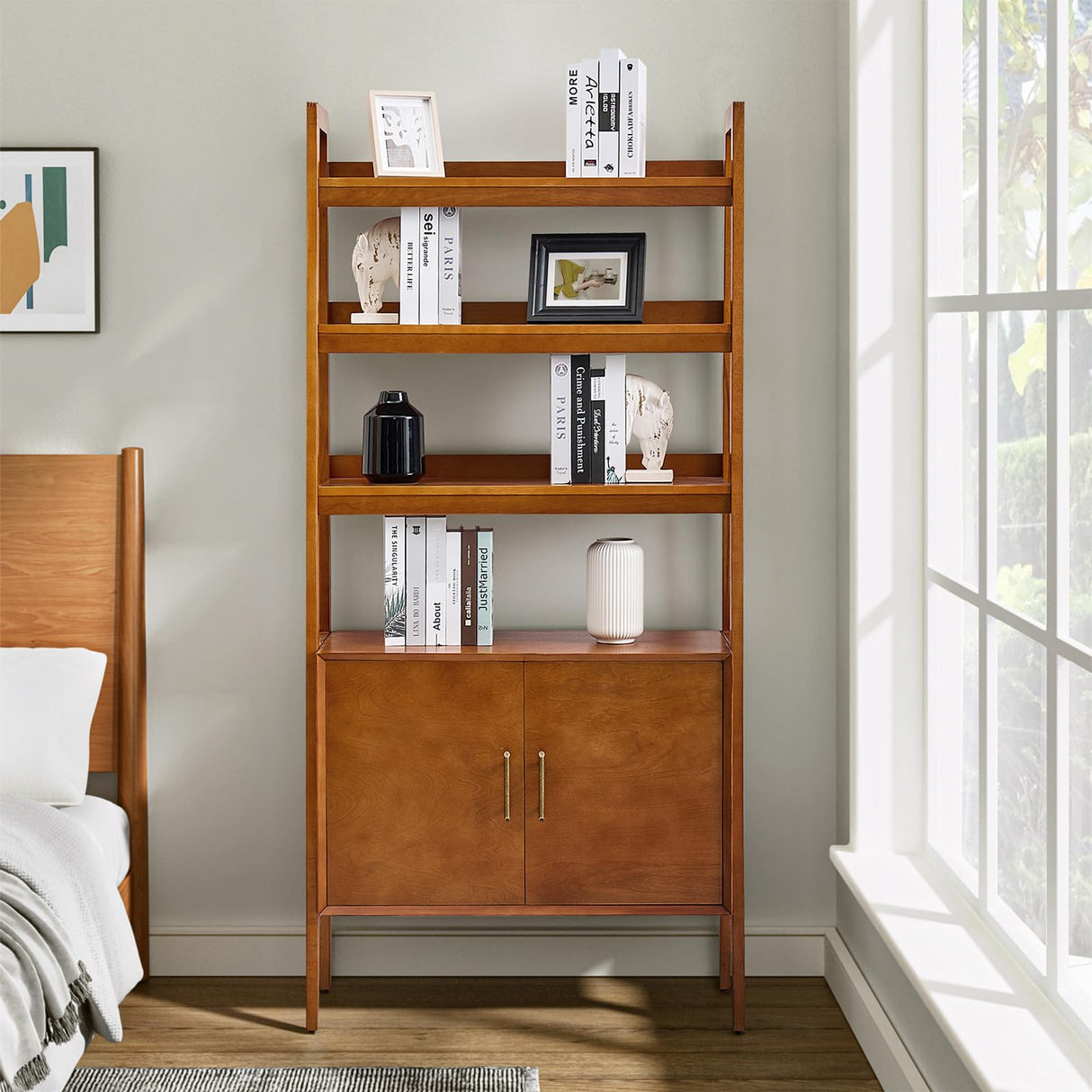 HULALA HOME Wood Ladder Shelf Bookcase with Doors & 3 Open Shelves, 34" W Mid-Century Modern Bookcase with Metal Pulls, Storage Rack with Solid Wood Legs for Bedroom & Living Room, Acorn HULALA HOME