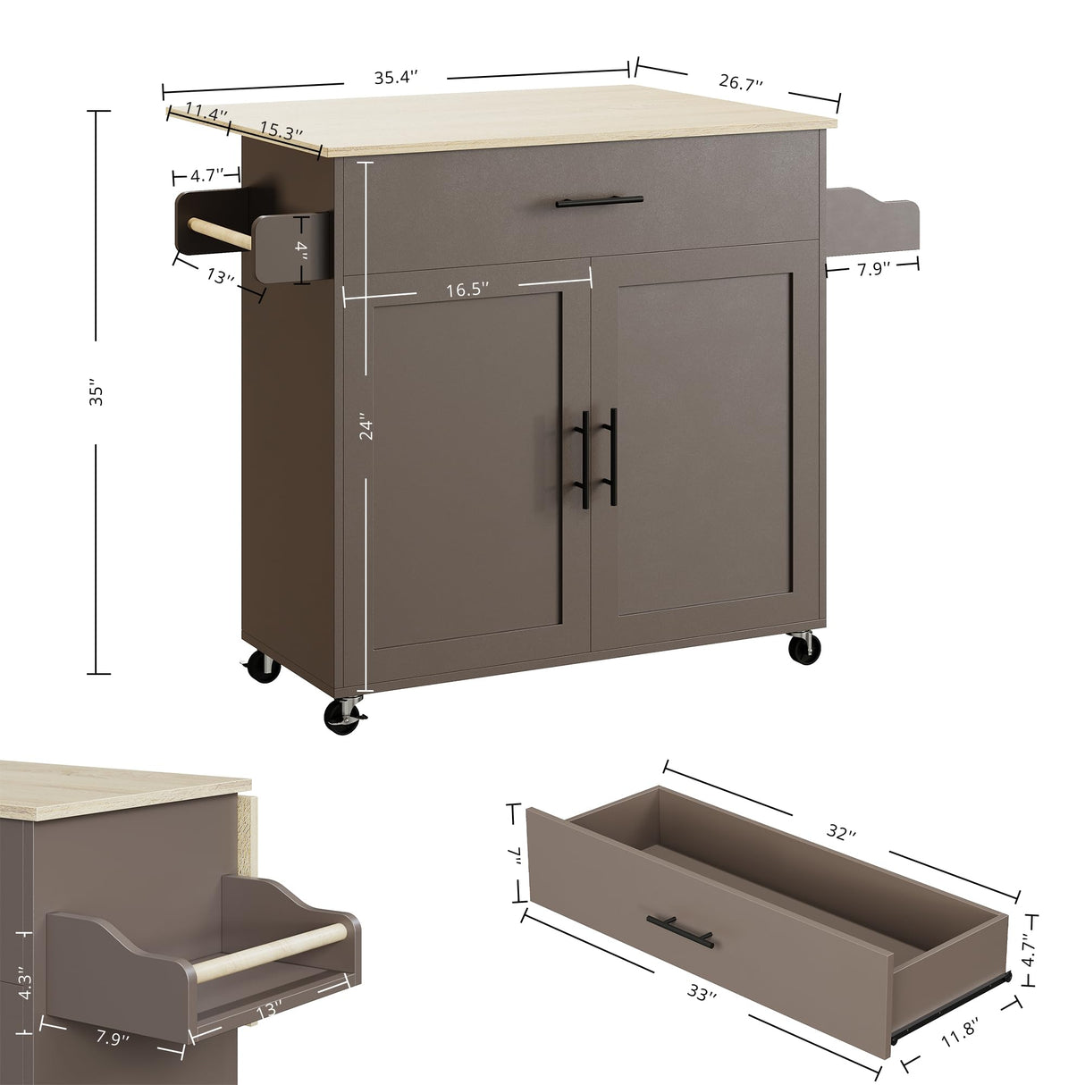 IRONCK Rolling Kitchen Island Table on Wheels with Solid Wood Top, Drop Leaf, Drawer and Storage Cabinet, 47" W Kitchen Cart with Spice & Towel Rack, Dark Gray IRONCK