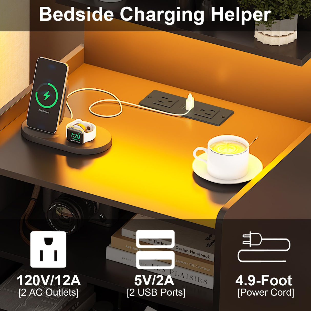 LED Nightstand with Charging Station, Night Stand with 2 Drawers and Open Storage, Bedside Table with LED Lights, Modern End Table with USB Ports Outlets, Black Diliplain