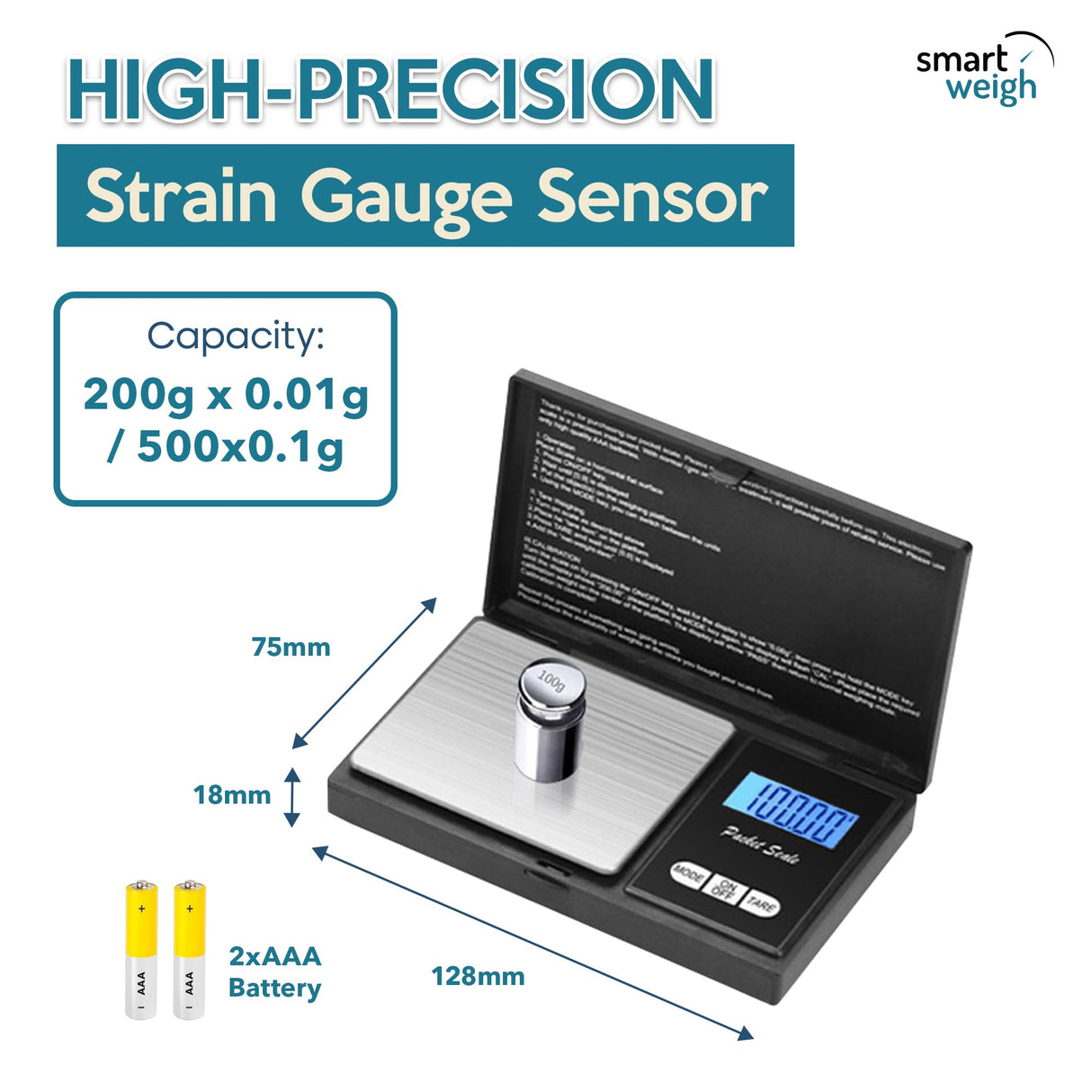 Smart Weigh Digital Pocket Gram Scale, 200g x 0.01g, Jewelry, Food, Medicine Scale, Battery Included Smart Weigh