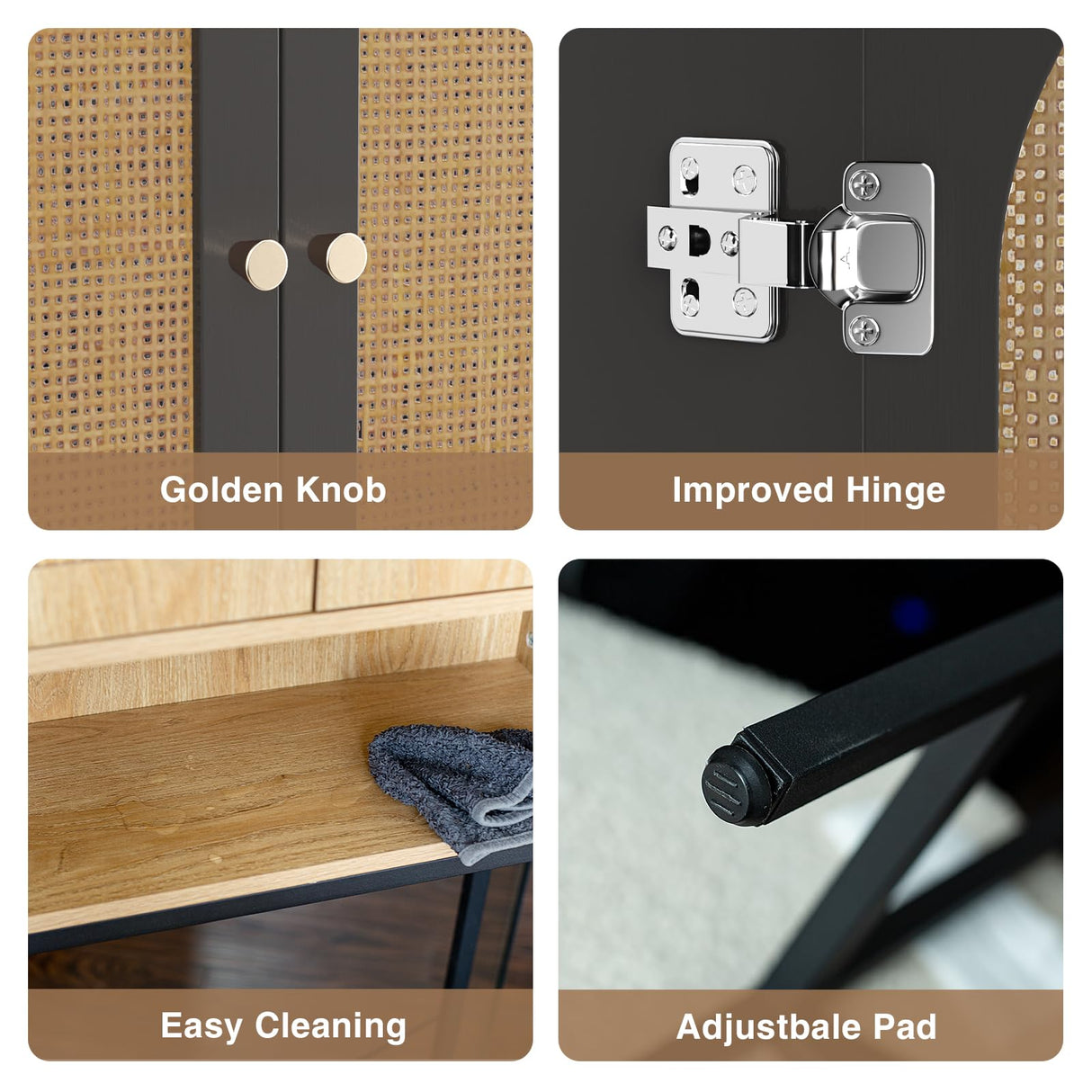 Rattan Door Black Toilet Storage Cabinet with Adjustable Shelf and Metal Stand Befrases